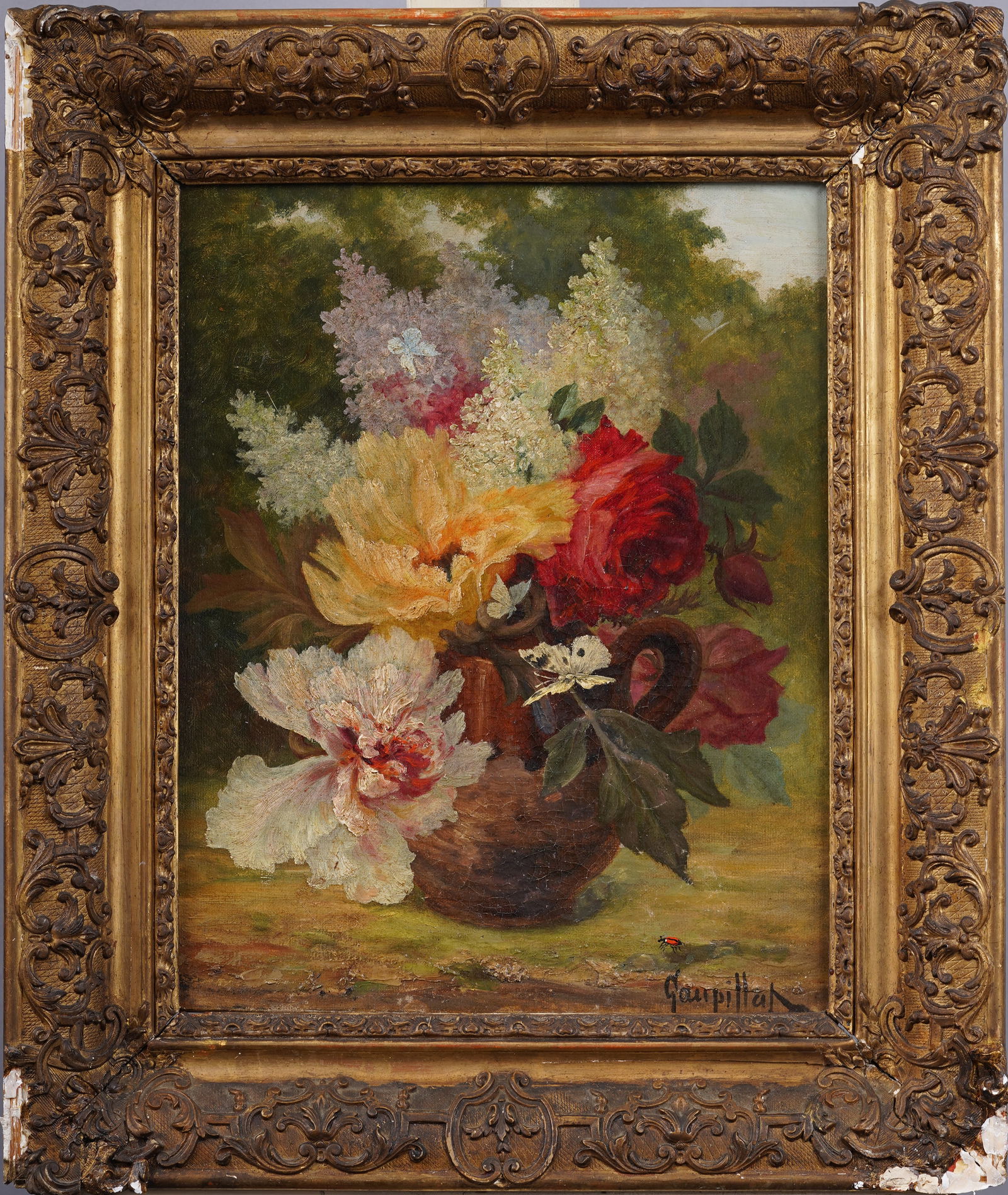 Antique European 19th Century Flower Still Life Framed Oil Painting: Antique European still life oil painting. Oil on canvas. Signed. Framed. Measuring 19 by 22 overall and 13 by 17 painting alone. Please see all images for condition. Size is measured and written on th