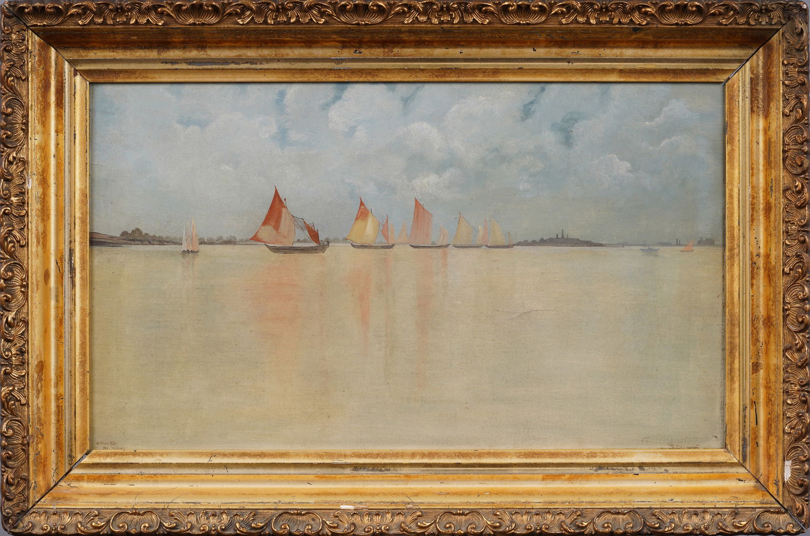 19th Century Coastal Seascape Anglo Indian Signed Urdu Sanskrit Sailboat Framed Oil Painting (1 of 6)