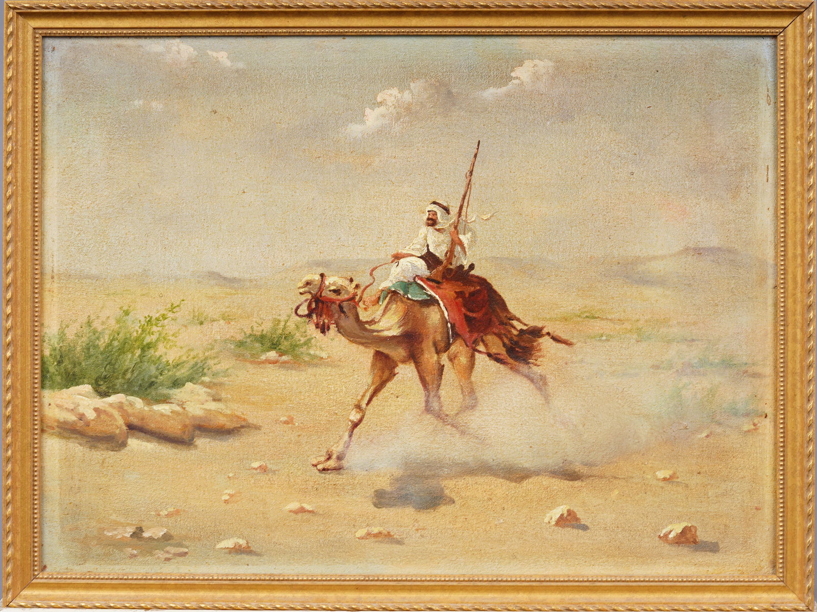 Antique Orientalist Middle Eastern Desert Landscape Camel Riding Figure Framed Oil Painting (1 of 7)