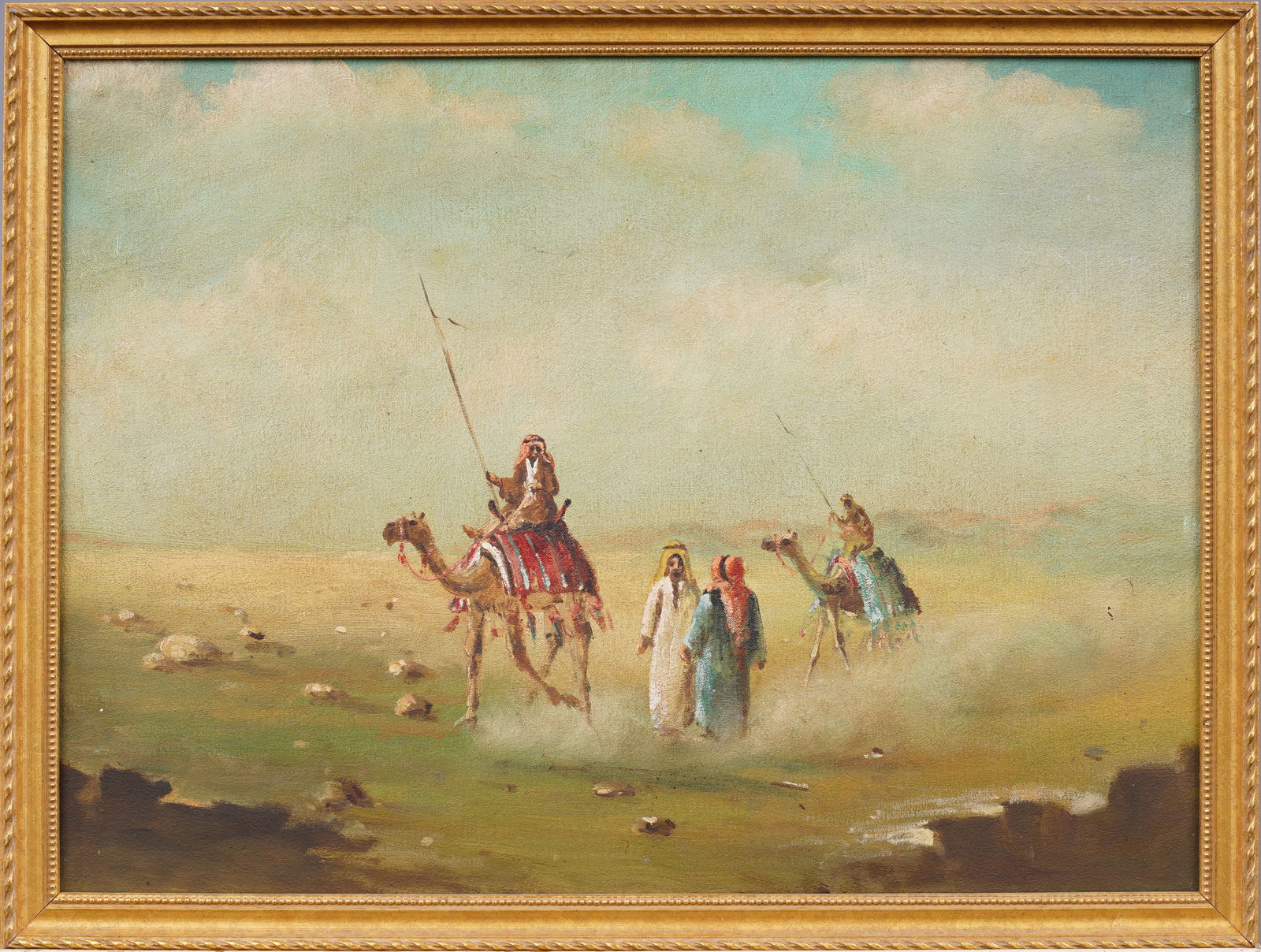 Antique Orientalist Middle Eastern Desert Landscape Camel Riding Figure Framed Oil Painting (1 of 5)