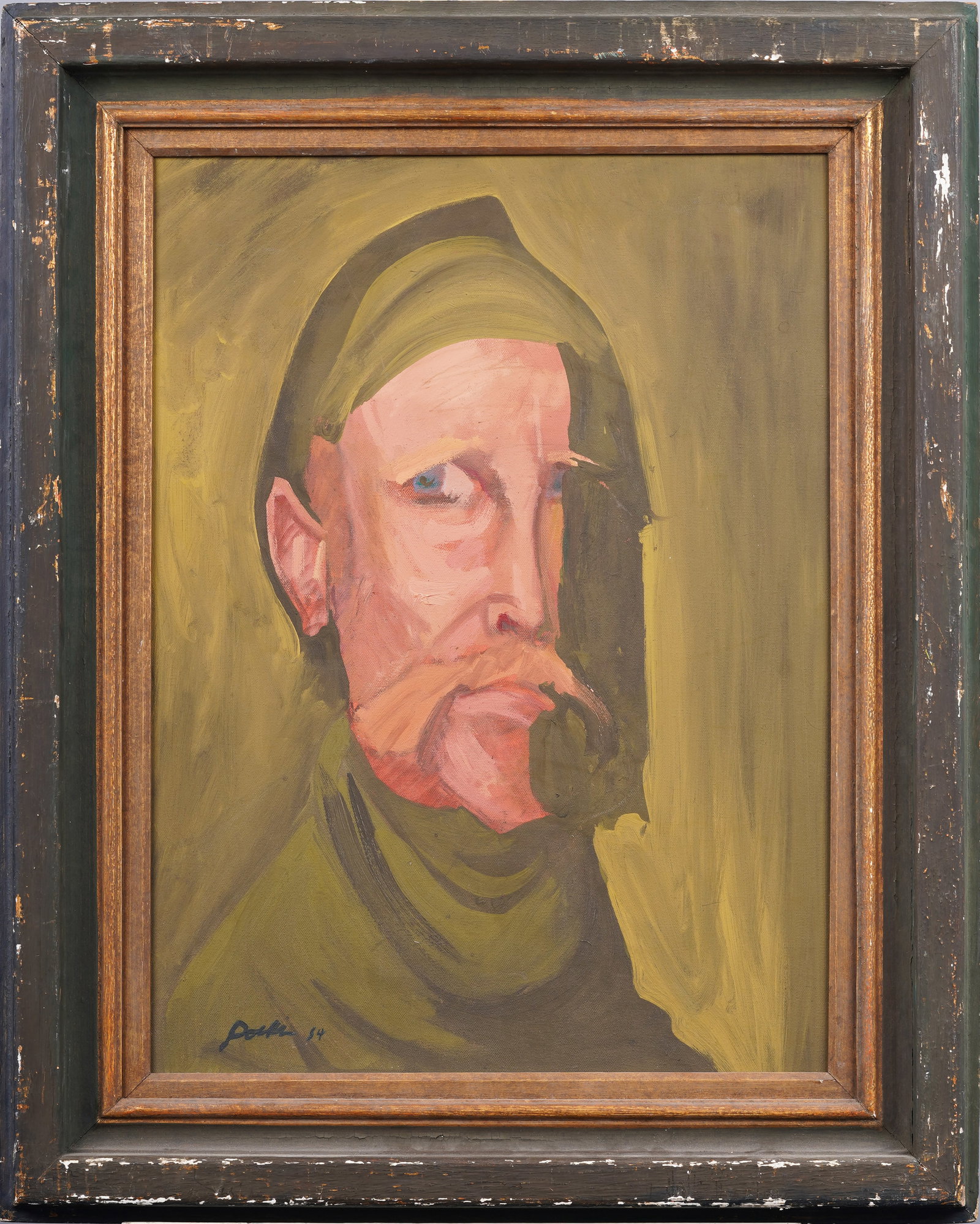 Amazing French/American School Male Mustache Green Beret Portrait Oil Painting: Antique American or possibly French modernist portrait oil painting. Oil on canvas. Signed. Framed. Measuring 31 by 25 overall and 24 by 18 painting alone. Please see all images for condition. Size is