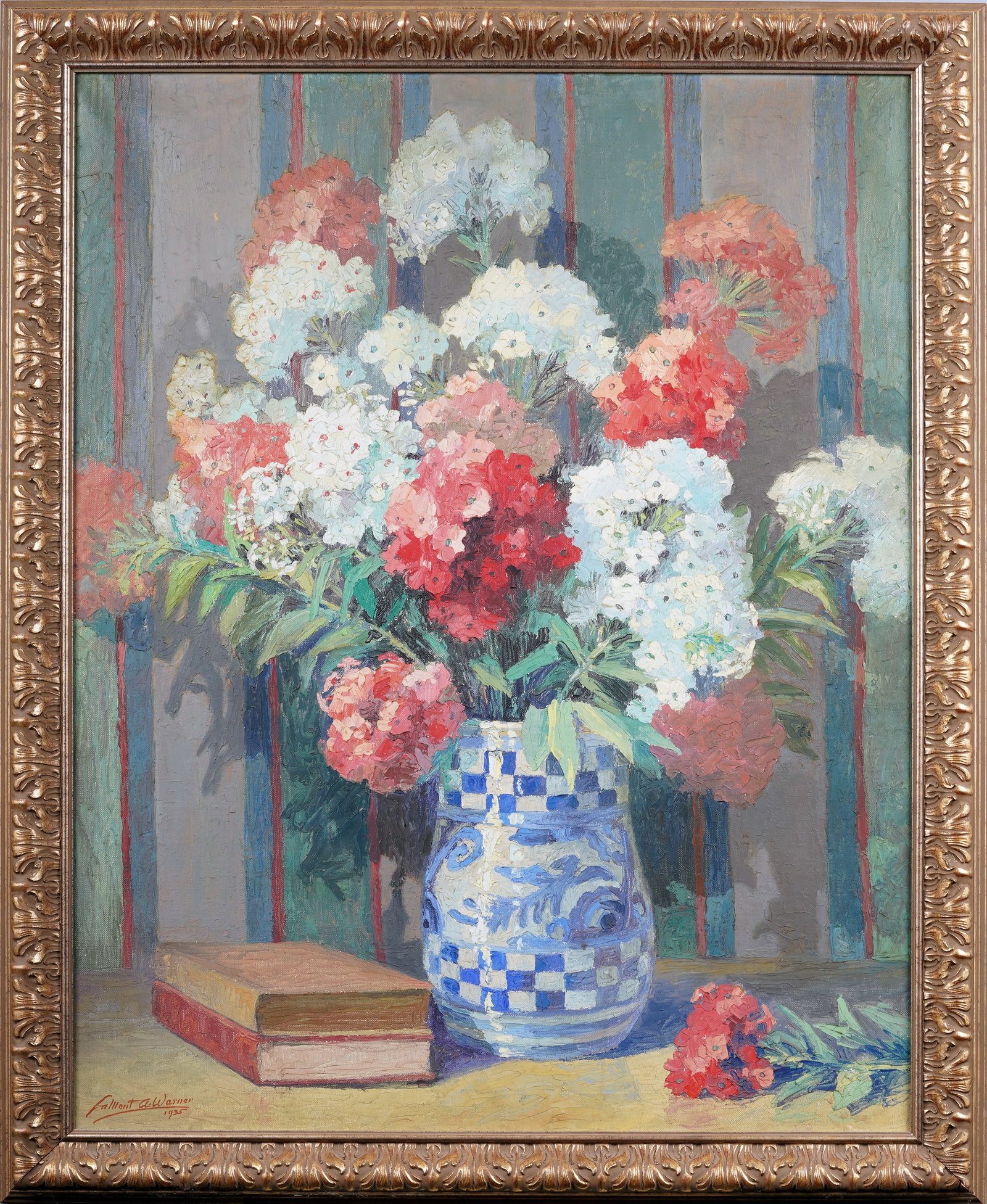 Large Antique American Impressionist Flower Still Life Signed "Warner 1935" Original Oil Painting: Antique American impressionist oil painting. Oil on canvas. Signed. Framed. Measuring 35 by 44 overall and 30 by 38 painting alone. Please see all images for condition. Size is measured and written on