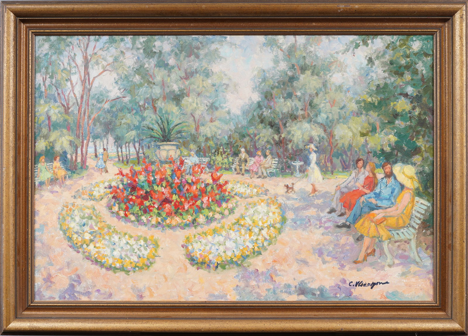 Vintage American Impressionist Bustling Garden Park Scene Signed Framed Original Oil Painting (1 of 7)