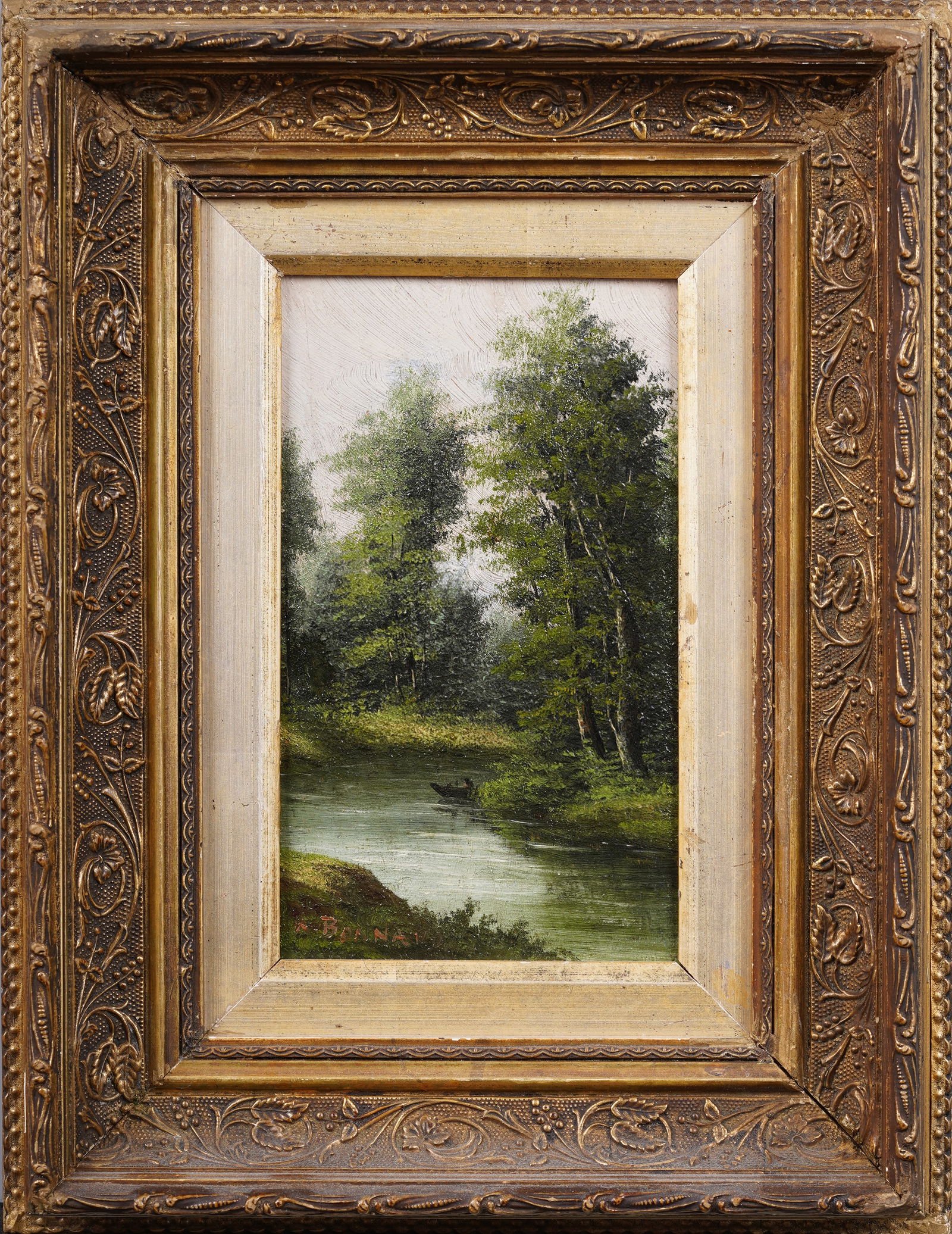Antique American School Signed River Landscape Framed 19th Century Original Oil Painting (1 of 5)