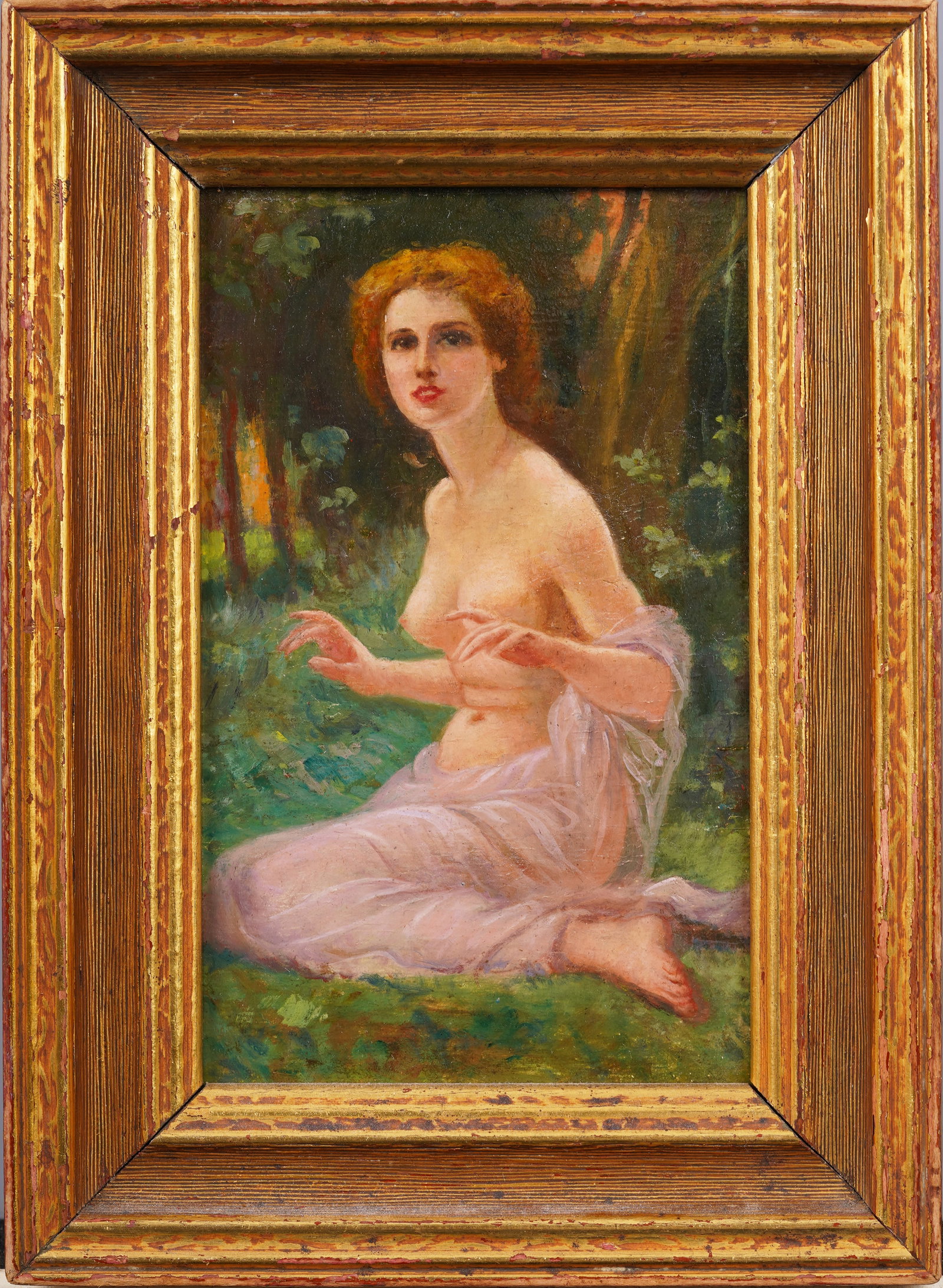 Antique French School Impressionist Glowing Nude Woman Portrait in Landscape Framed Oil Painting: Antique French nude oil painting. Oil on board. Framed. Measuring 10 by 8 overall and 8 by 5 painting alone.Please see all images for condition. Size is measured and written on the back of the paintin