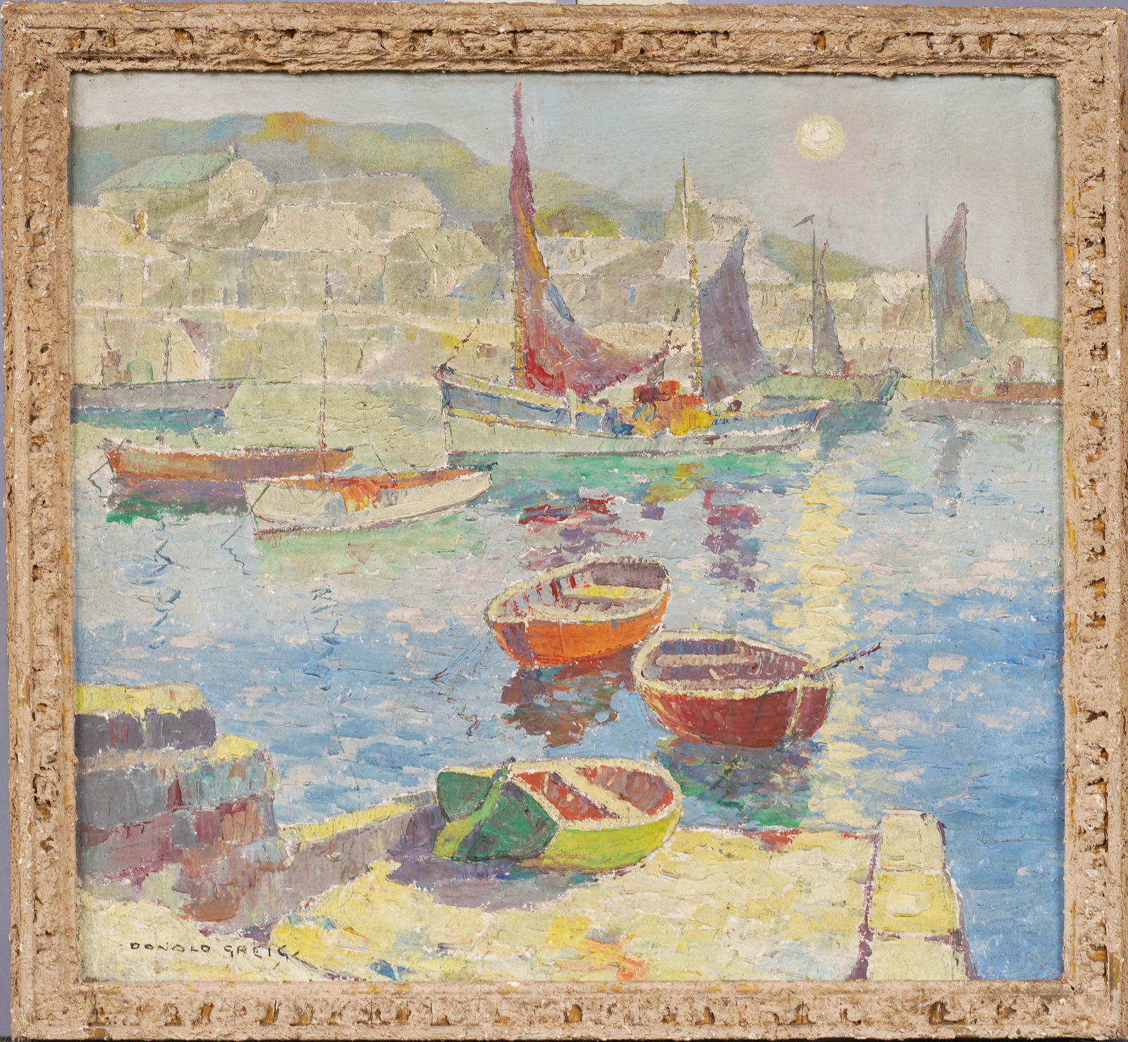 Antique English Modernist Bustling Harbor Signed Seascape Framed Oil Painting (1 of 7)