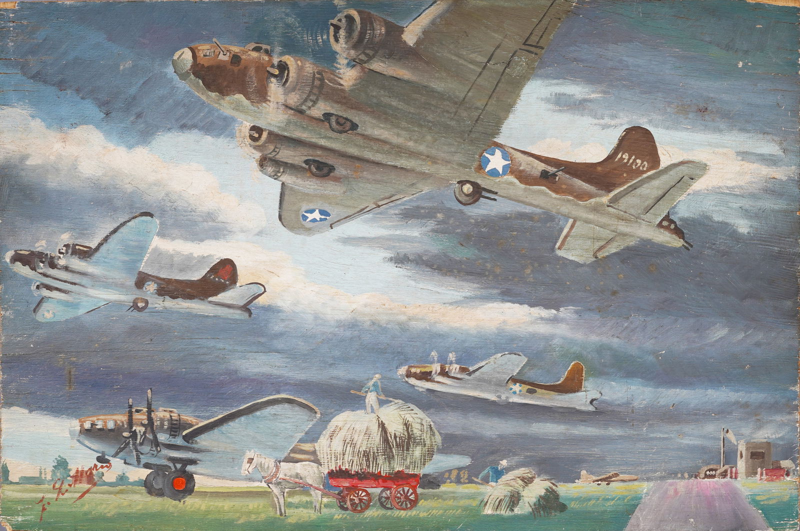 Antique American WPA Air Force Military Plane Flying Rare Social Realist Original Oil Painting (1 of 4)