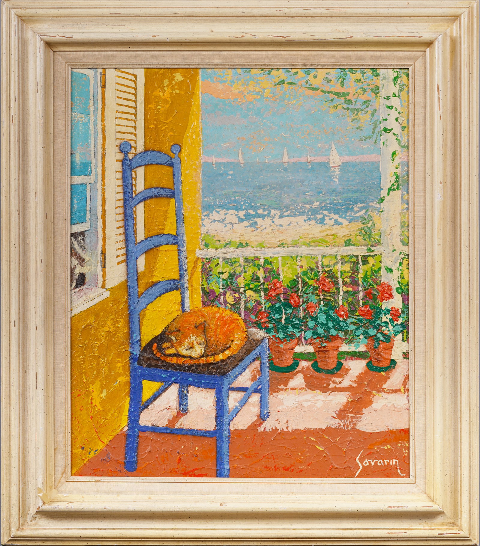 "Cat Nap" Charming Impressionist Coastal Beach Scene Porch View Sailboat Summer Oil Painting: Antique American summer seascape oil painting. Oil on canvas. Signed. Framed. Measuring 28 by 32 overall and 20 by 24 painting alone.Please see all images for condition. Size is measured and written o