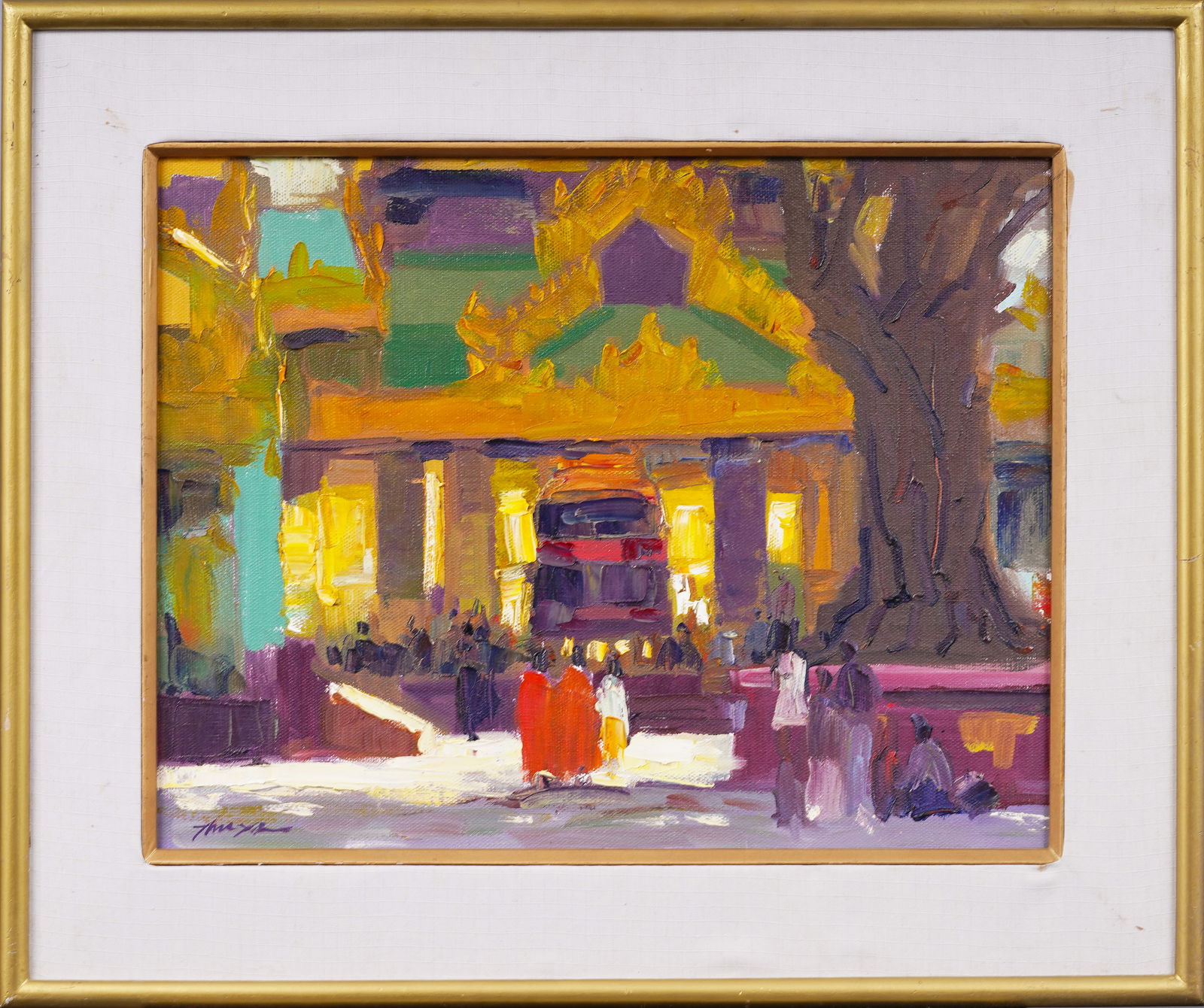 Signed Modernist Park View Impressionist Summer Bustling Town Square Landscape Oil Painting (1 of 5)