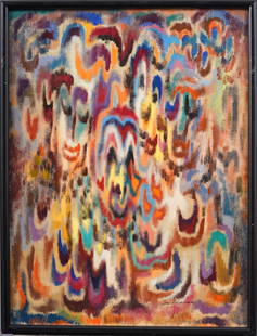 Louis Wolchonok (1898 - 1973) Antique American Modernist Abstract Expressionist Framed Oil Painting: Antique American modernist abstract oil painting by Louis Wolchonok (1898 - 1973). Oil on board. Signed. Framed. Measuring 19 by 25 overall and 18 by 24 painting alone. Please see all images for condi