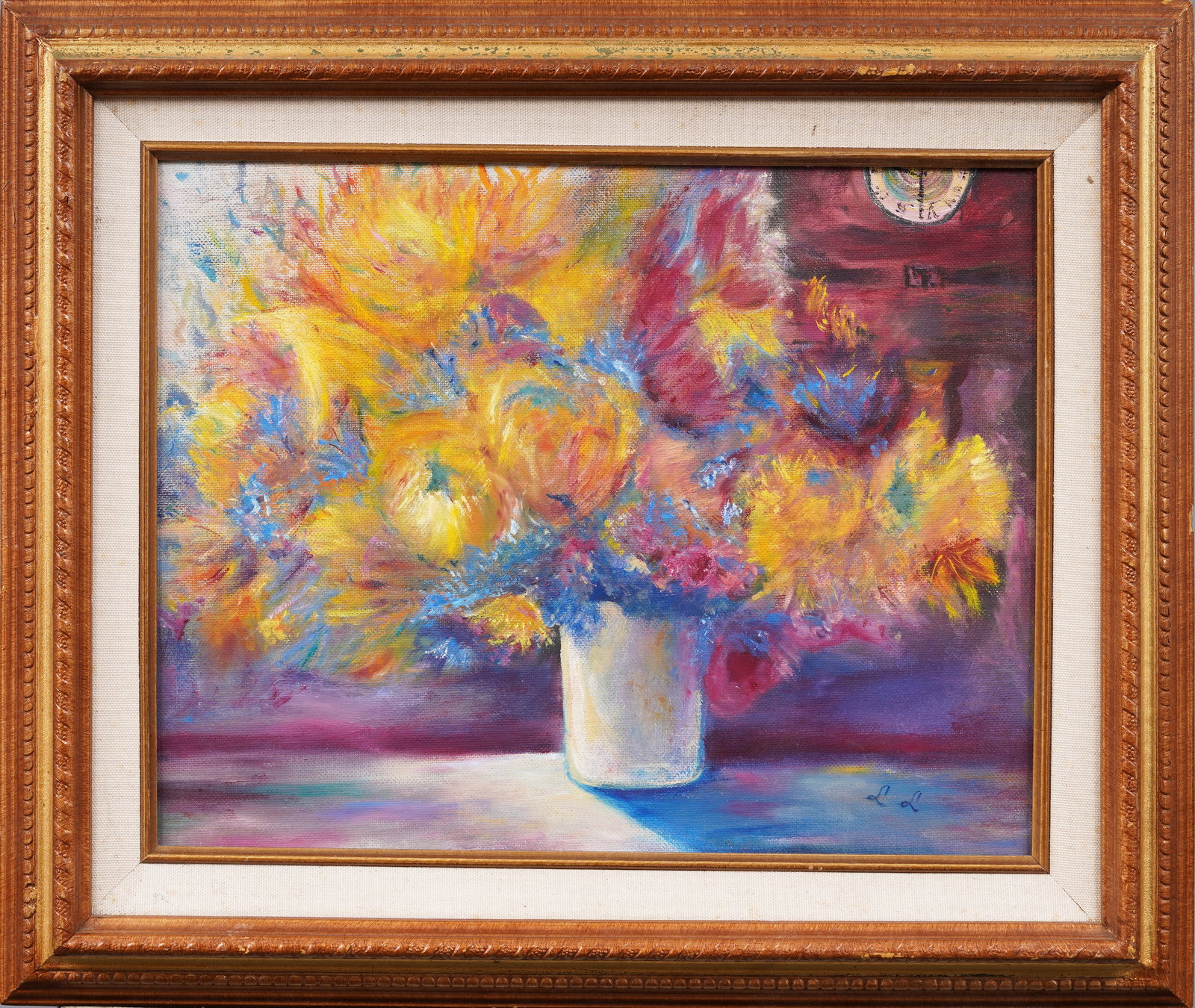 Monogrammed Antique American Impressionist Still Life Original Oil Painting: Antique American oil painting. Oil on canvas board. Signed. Framed. Measuring 16 by 19 overall and 11 by 14 painting alone. Please see all images for condition. Size is measured and written on the bac