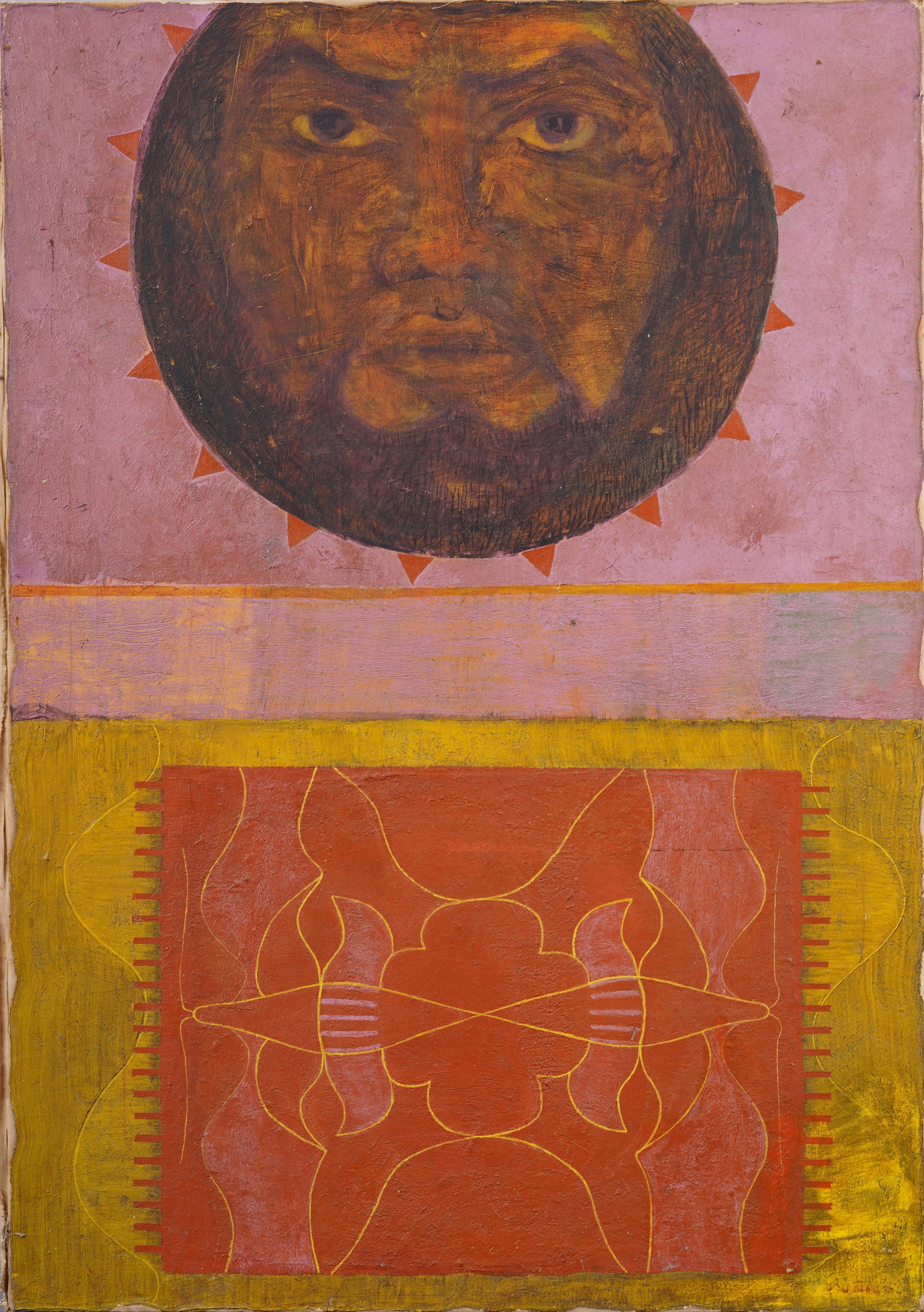 Signed ZUNIGA Antique Mexican Modernist Abstract Sun Astrological Original Oil Painting: Antique Mexican modernist oil painting signed "Zuniga". Oil on canvas. Signed. Measuring 28 by 40 inches. Please see all images for condition. Size is measured and written on the back of the painting.