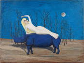 Amazing Period Surrealist Portrait Woman Riding Rhinoceros Antique American Original Oil Painting