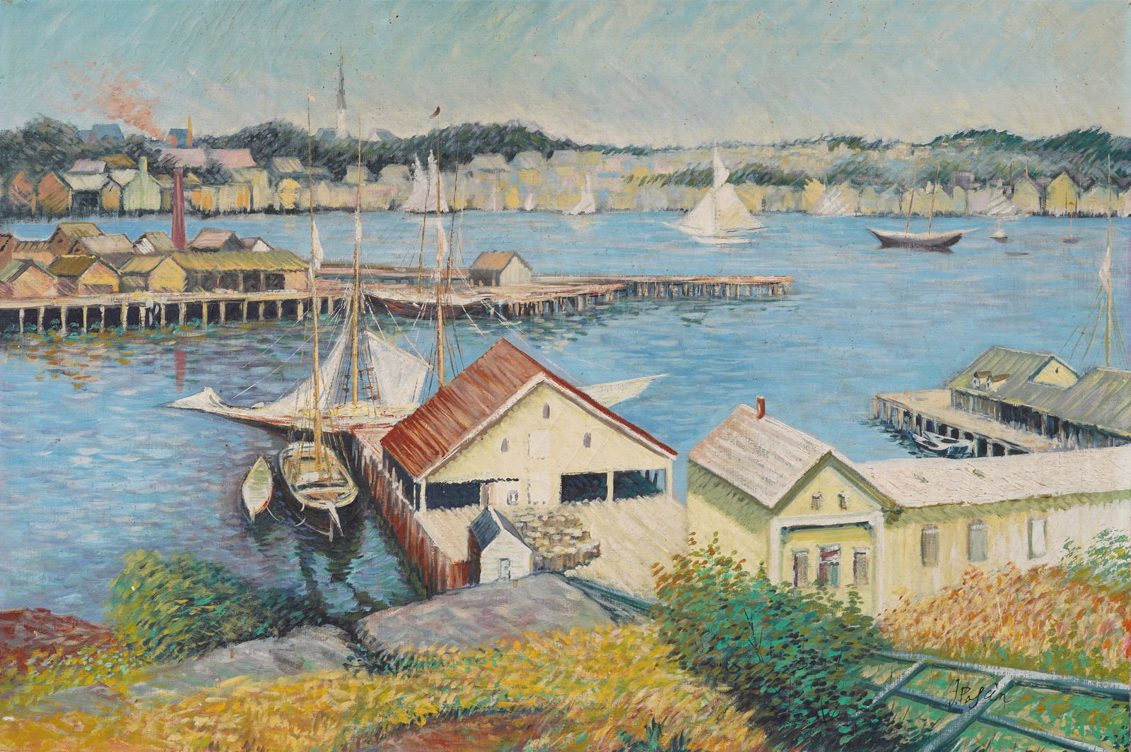 Antique American Impressionist Large Seascape Signed New England Harbor Original Oil Painting (1 of 5)