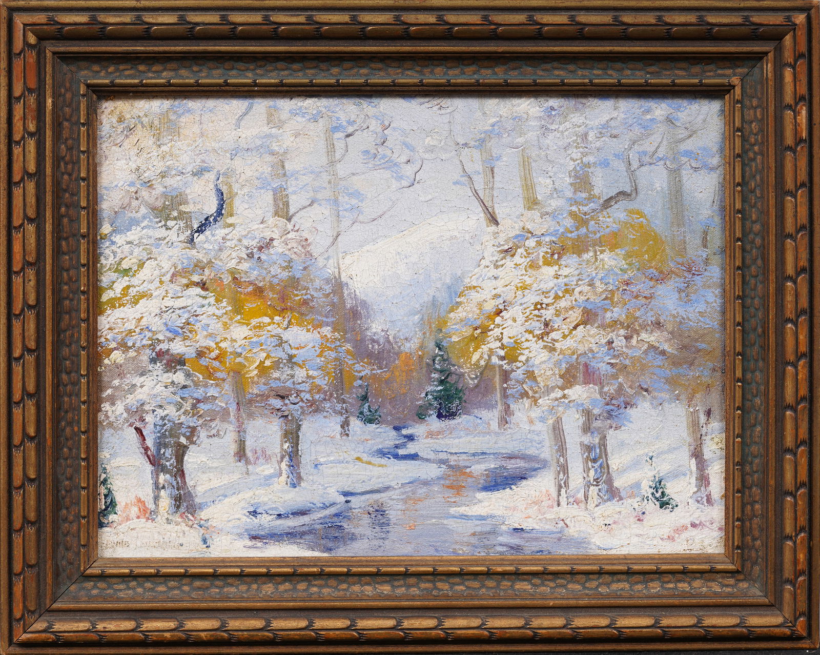 Signed Antique American Impressionist Framed Winter Snowy Landscape Original Oil Painting (1 of 5)