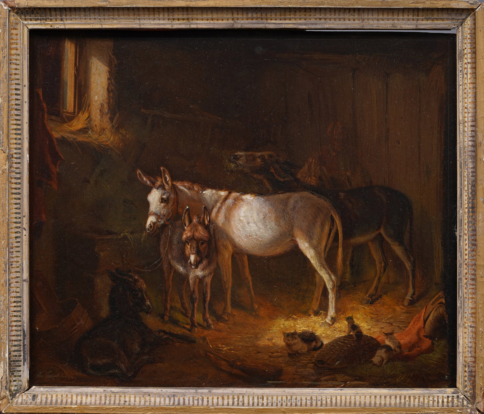 Superb Antique American 19th Century Barn Interior Donkey & Cat Portrait Original Oil Painting (1 of 5)