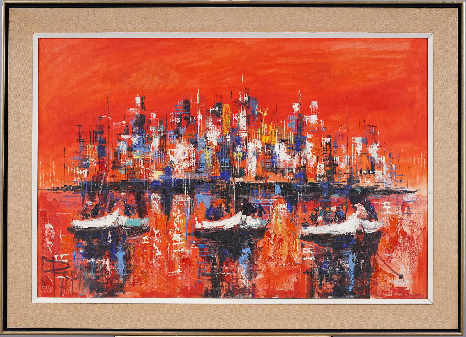 Large Vintage American School Abstract Sunset Cityscape Framed Signed Oil Painting (1 of 7)