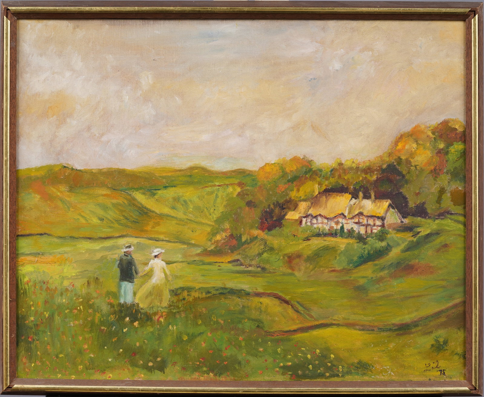Strolling Thru The Flowers Impressionist Landscape Framed Oil Painting: Antique American impressionist framed landscape oil painting. Oil on canvas. Signed. Framed. Measuring 17 by 21 inches overall and 16 by 20 painting alone. Please see all images for condition. Size is