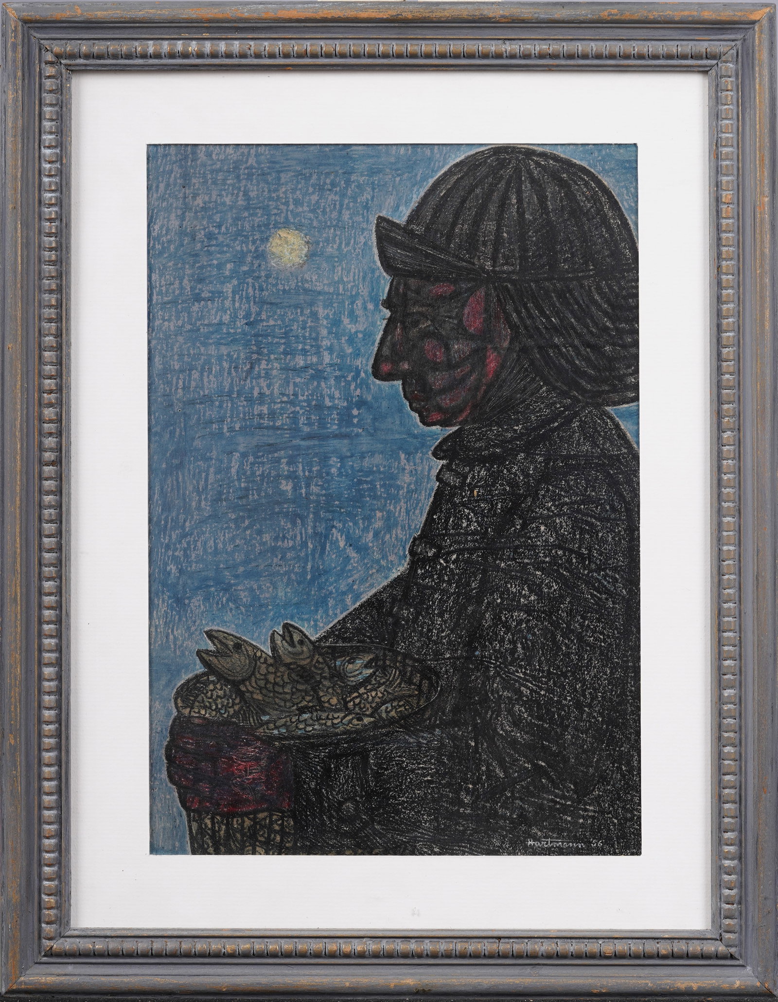 Mid Century Modern Fisherman Portrait Signed Hartmann 1955 Framed Original Painting (1 of 6)