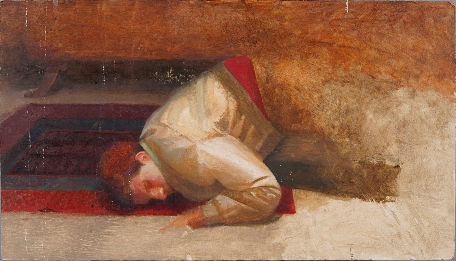 Antique Orientalist Young Man Praying Impressionist Oil Sketch Painting: Antique orientalist portrait oil painting. Oil on board. Measuring 24 by 16 inches. Please see all images for condition. Size is measured and written on the back of the painting. The first size is the