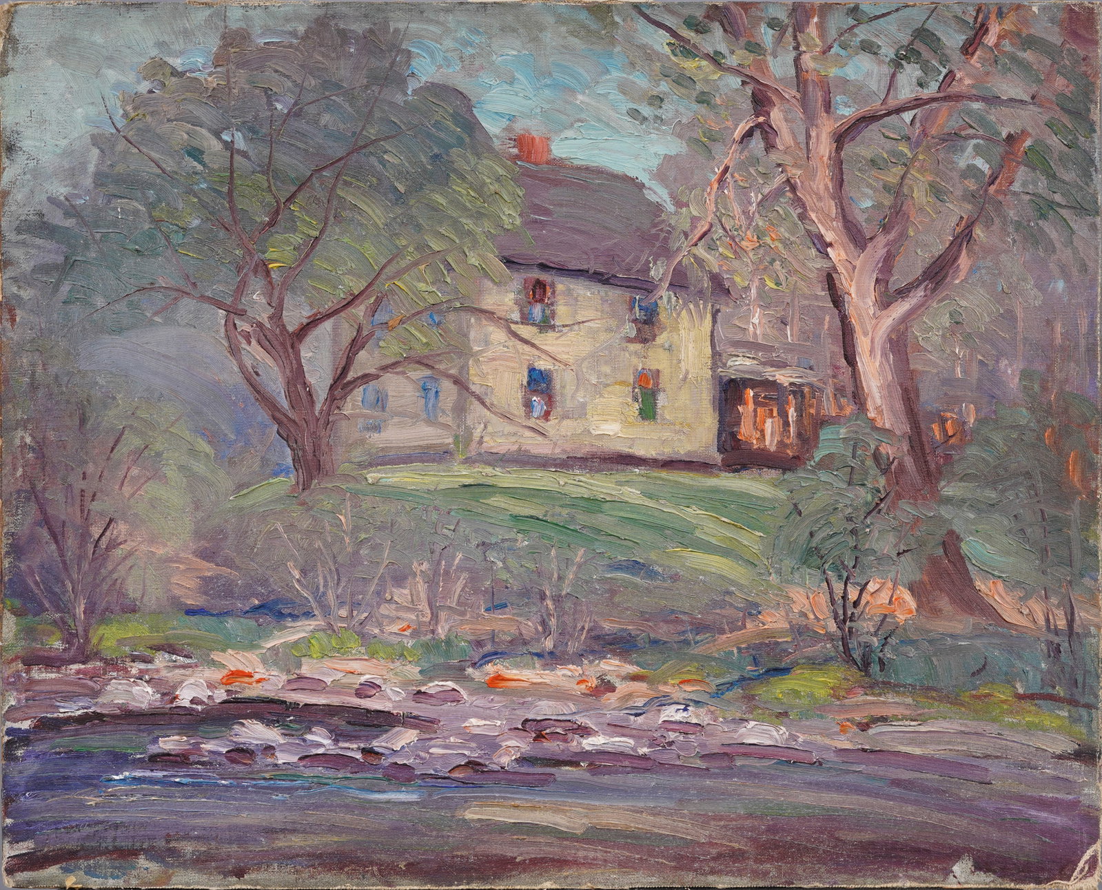Antique American Impressionist Bucks Co Pennsylvania Impressionist Original Landscape Oil Painting: Antique American oil painting. Oil on canvasboard. Measuring by inches and by painting alone. Please see all images for condition. Size is measured and written on the back of the painting. The first s