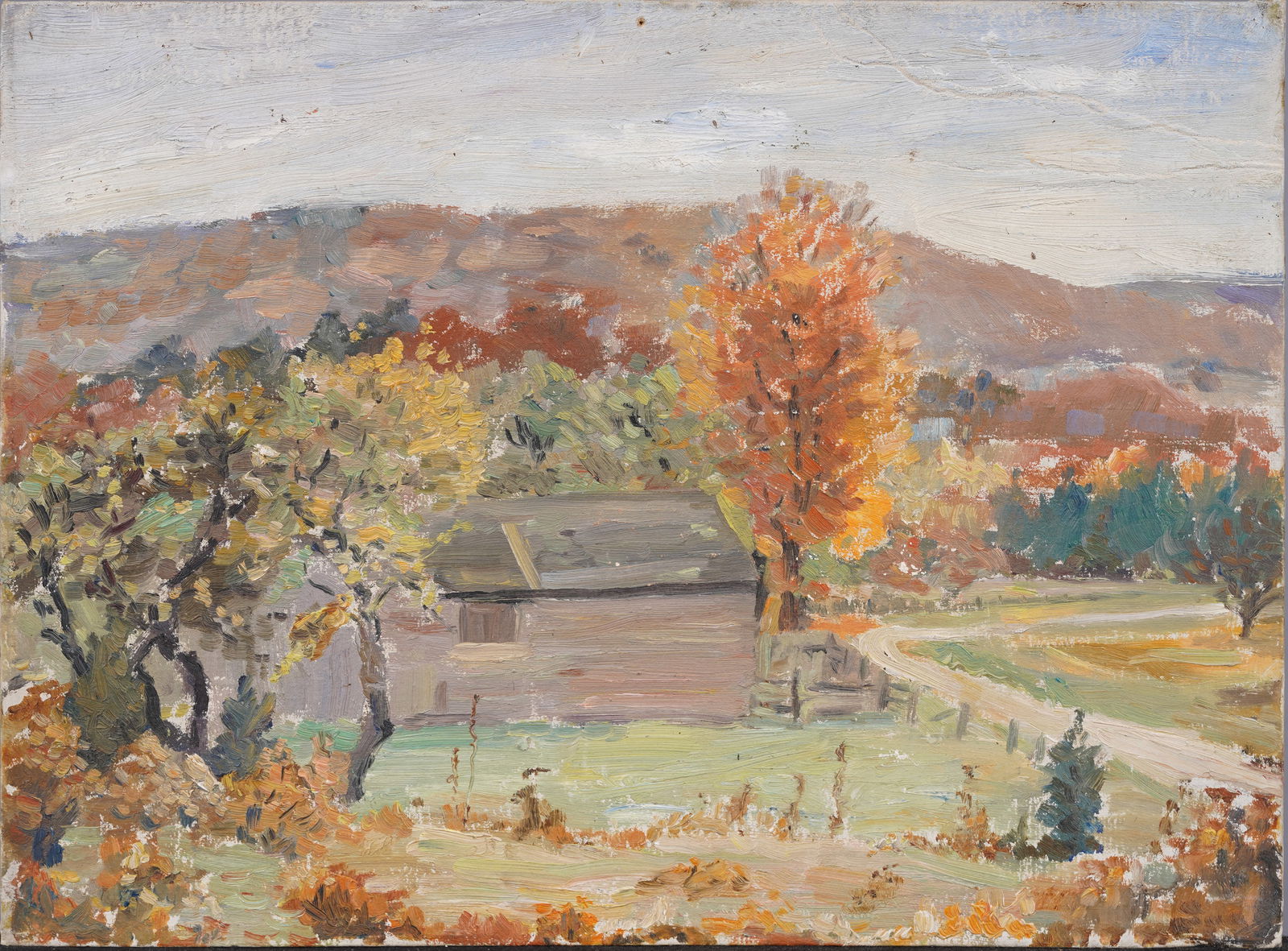 Antique American Fall Impressionist Folk Art Landscape Oil Painting: Antique American folk art landscape oil painting. Oil on canvasboard. Measuring 12 by 16 inches. Please see all images for condition. Size is measured and written on the back of the painting. The firs