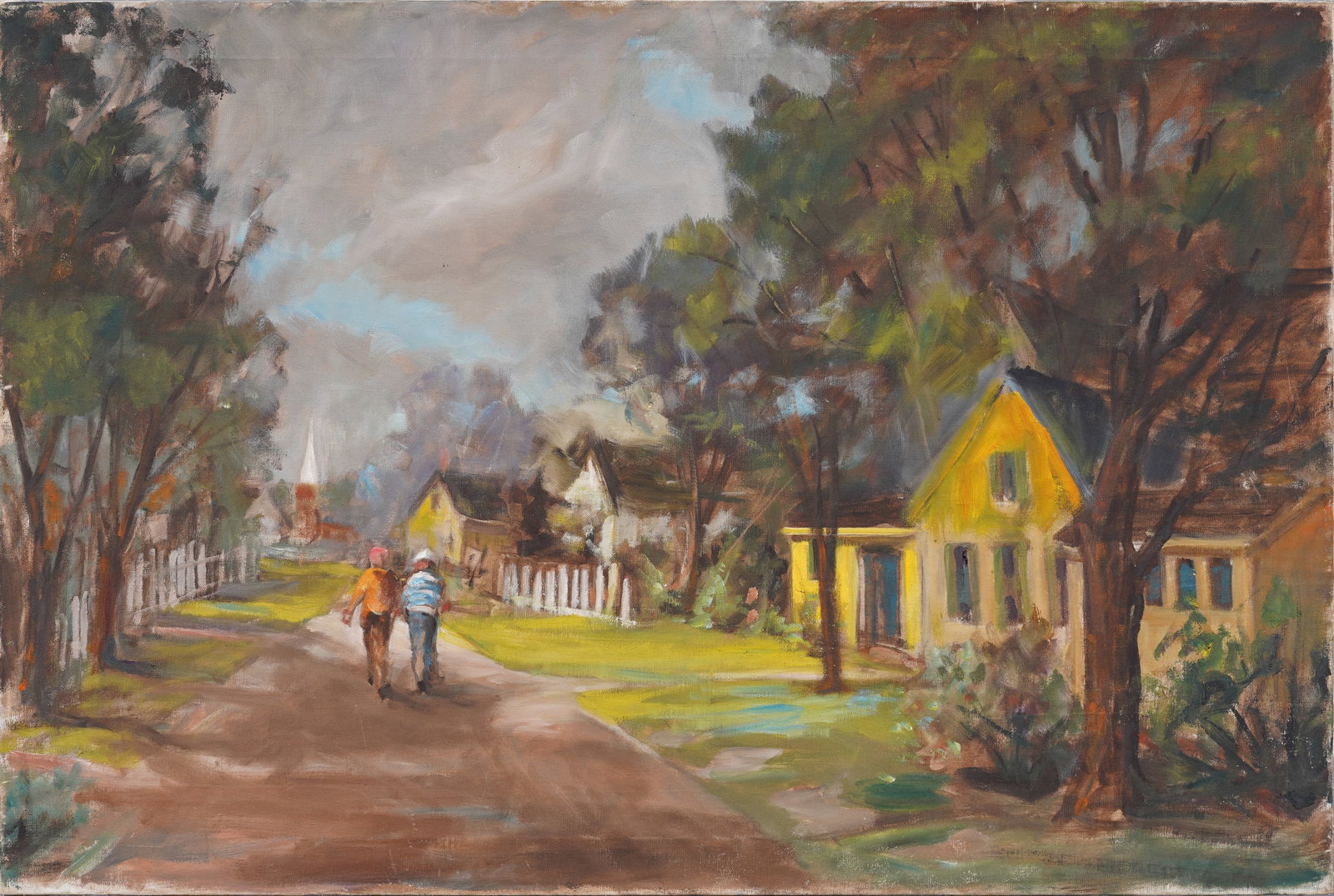 Antique American New England Impressionist Rockport Street Scene LARGE Original Oil Painting: Antique American impressionist street scene oil painting. Oil on canvas. Measuring 24 by 36 inches. Please see all images for condition. Size is measured and written on the back of the painting. The f