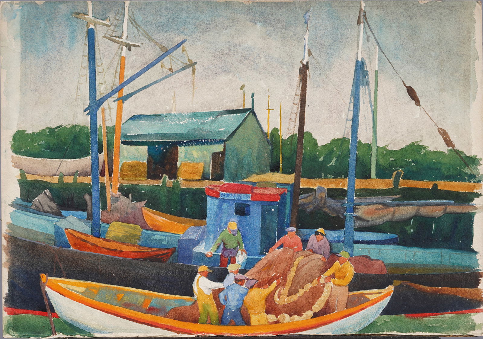 "Unloading the Catch" Antique American Impressionist Fishing Dock WPA Social Realist Painting (1 of 6)