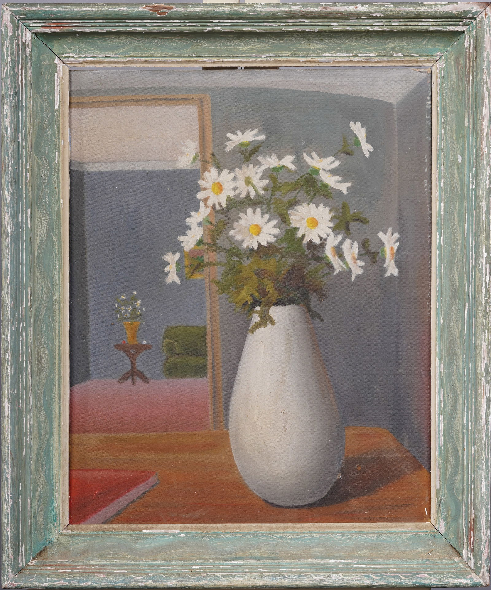 Antique American School Modernist Interior Flower Vase Still Life  Framed Original Oil Painting (1 of 7)