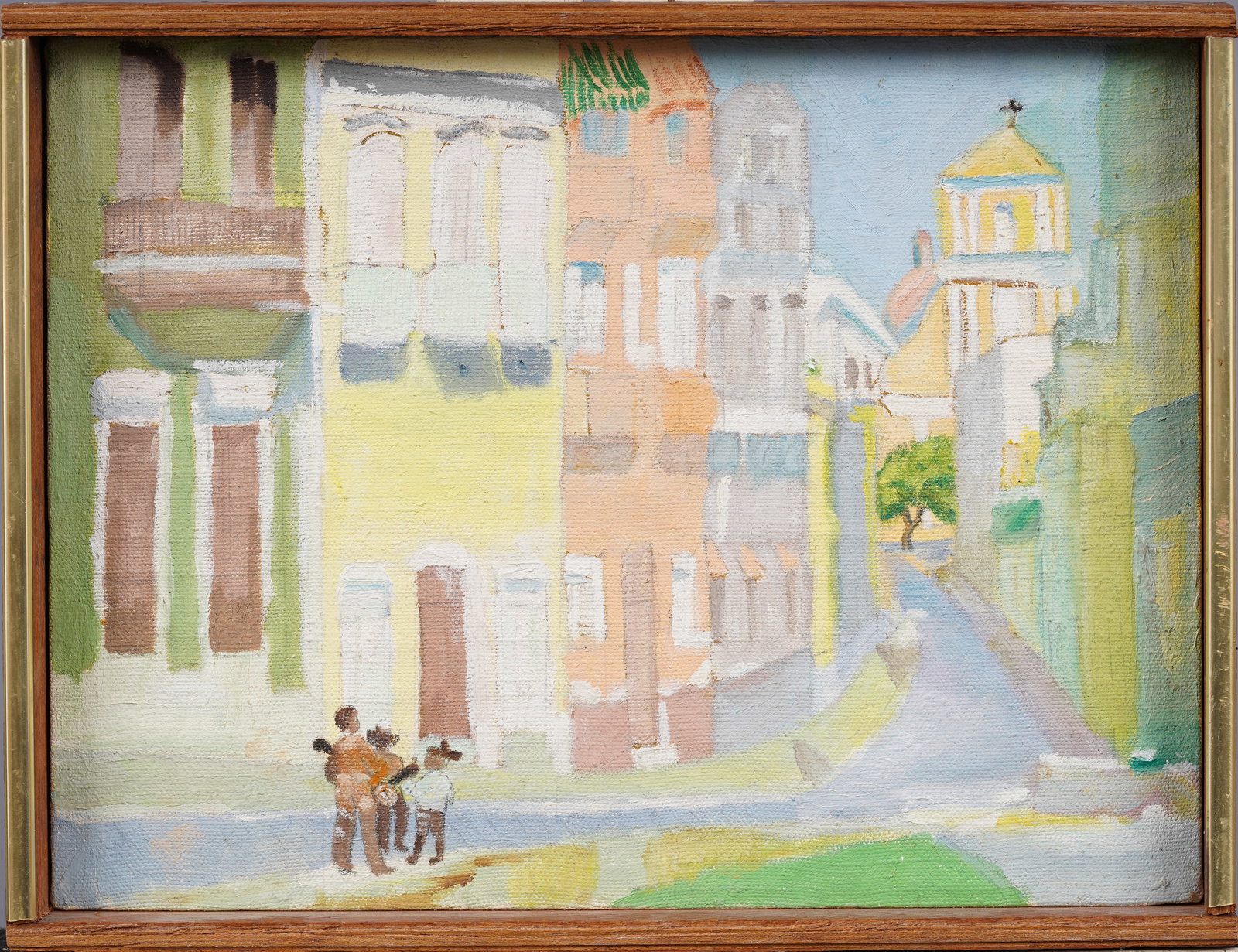 Beautiful Tropical Cityscape Caribbean Town View Framed Oil Painting: Antique American school tropical cityscape oil painting. Oil on canvas. Framed. Measuring 9.5 by 12.5 inches overall and 9 by 12 painting alone. Please see all images for condition. Size is measured a