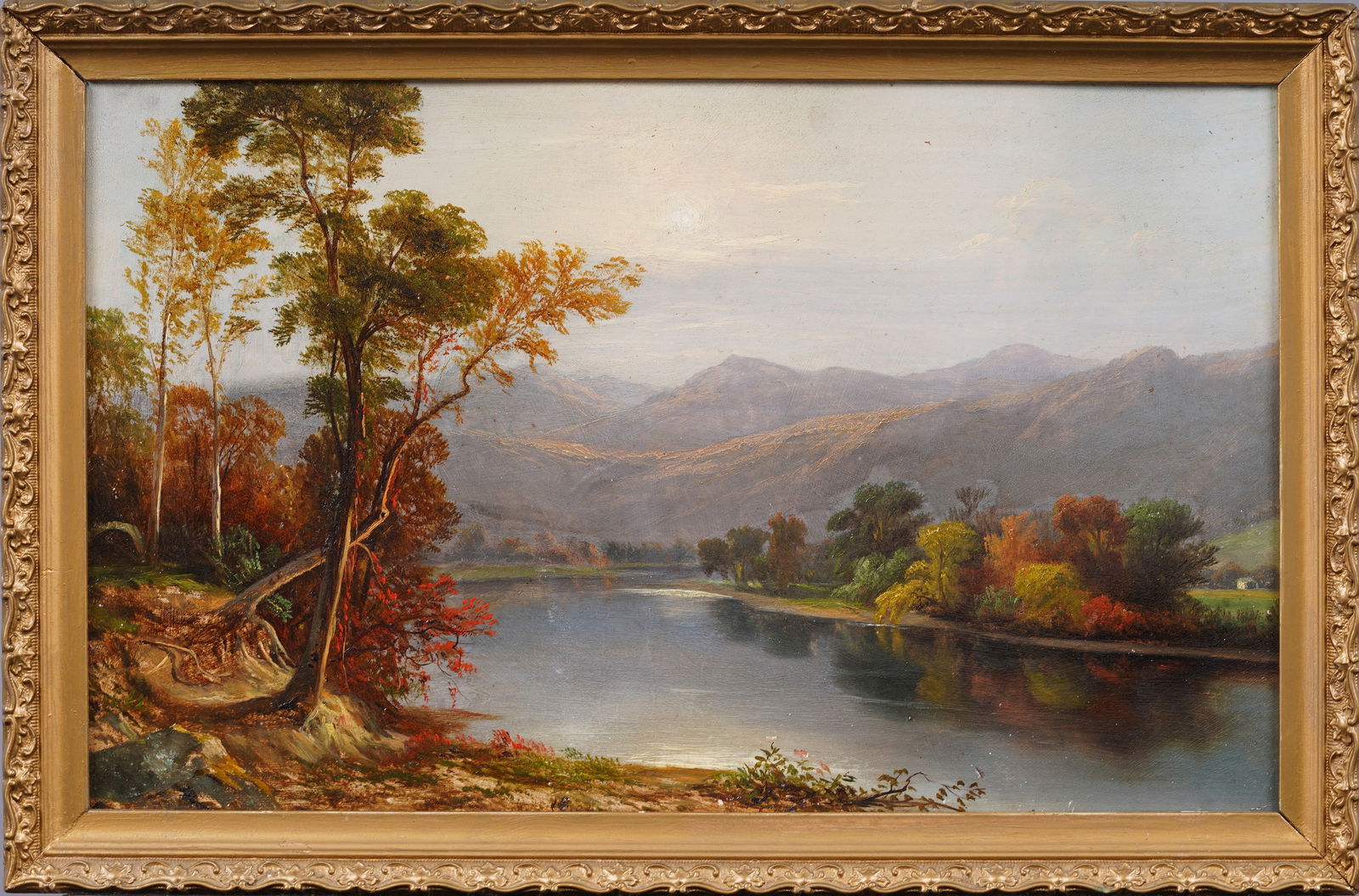 Hudson River School Panoramic Landscape Fall Sunset Antique American Original Oil Painting (1 of 5)