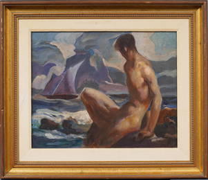 Myron Chester Nutting (1890-1972) Antique American Impressionist Male Nude Beach Scene Oil Painting