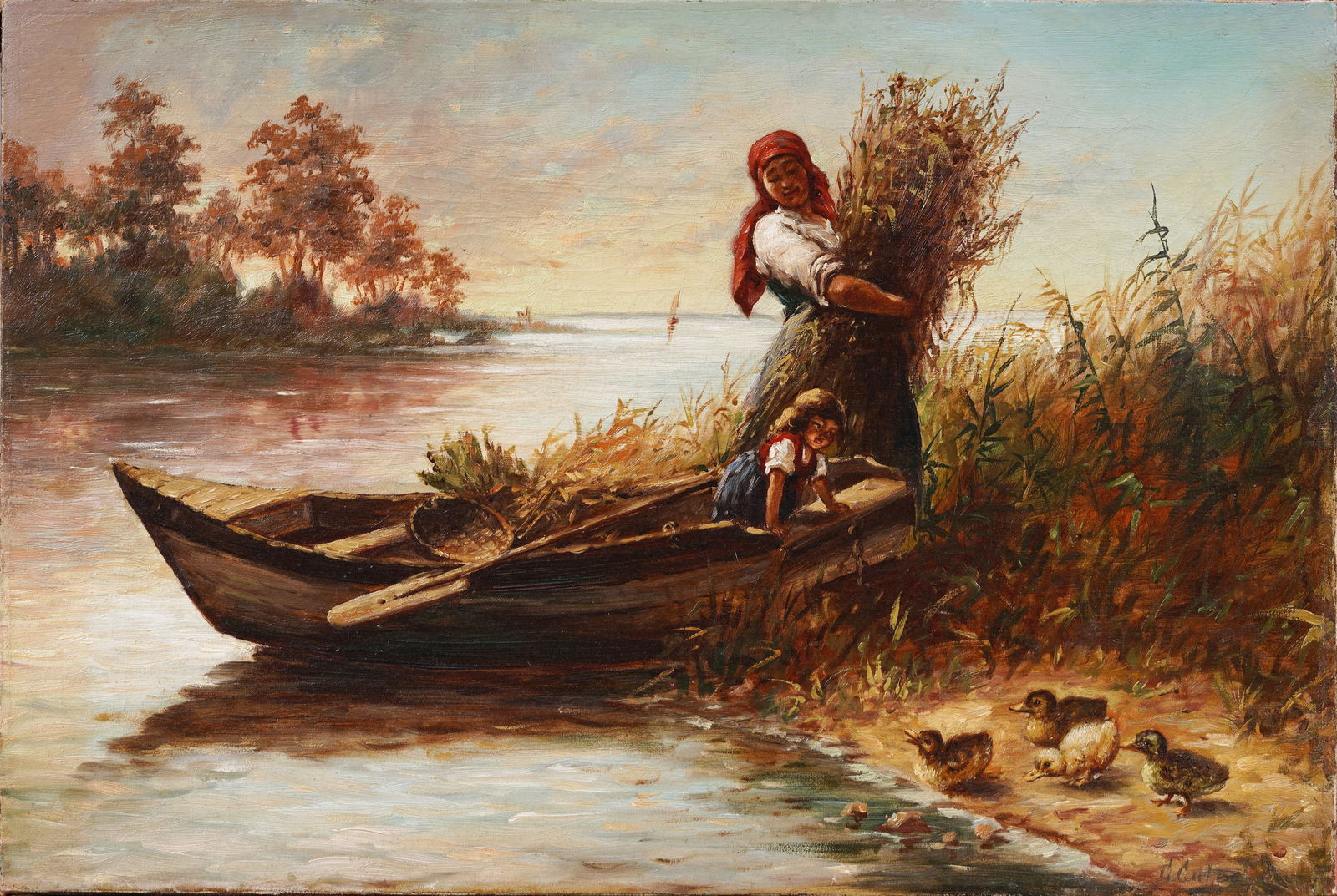 Antique Signed River Landscape Harvesting Hay Chicken Swimming Original Oil Painting (1 of 6)