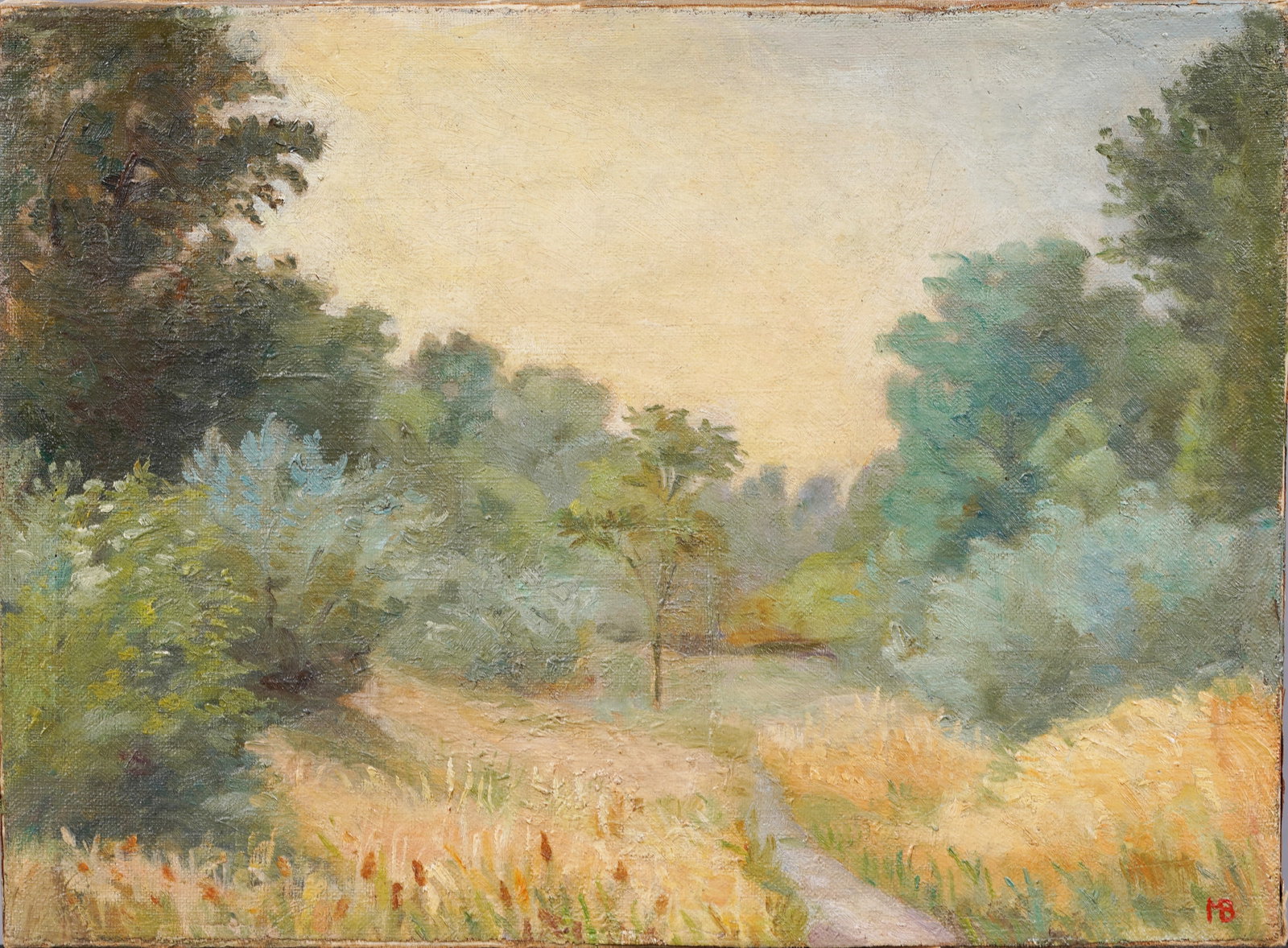 Antique American Impressionist Southern California 1946 Monogrammed Original Oil Painting: Antique American impressionist landscape oil painting. Oil on canvas. Signed. Measuring 10 by 14 inches. Please see all images for condition. Size is measured and written on the back of the painting. 