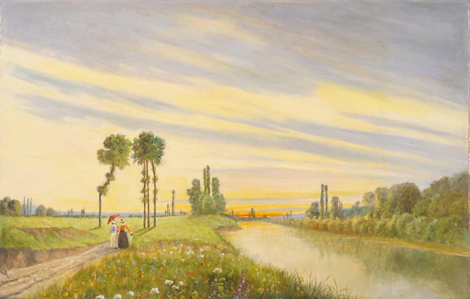 Large Antique French Impressionist "Strolling by the River" Sunset Landscape Original Oil Painting: Antique French oil painting. Oil on canvas. Measuring 18.5 by 29 inches and by painting alone. Please see all images for condition. Size is measured and written on the back of the painting. The first 