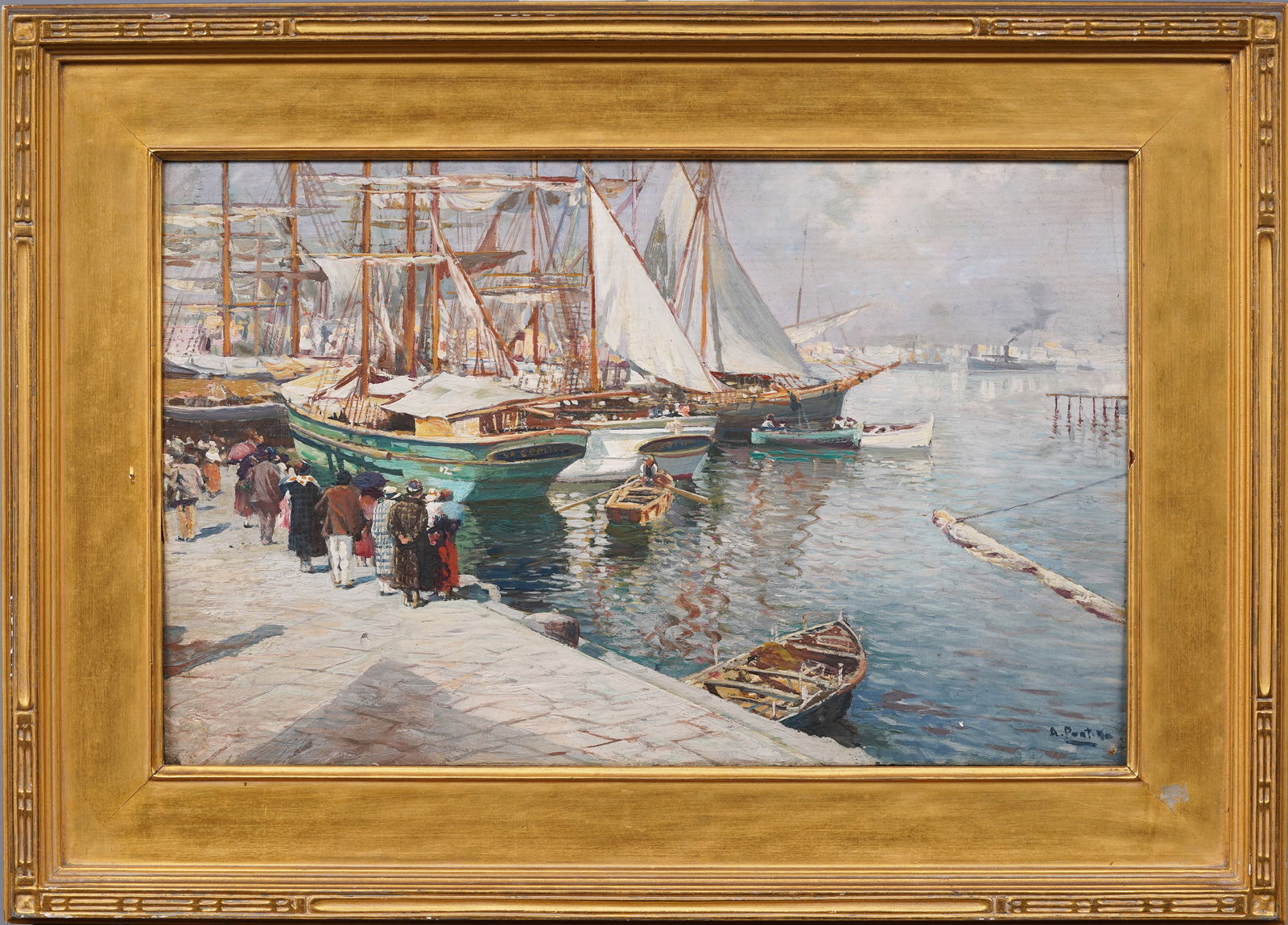 19th Century Finely Painted Bustling Harbor Dock Scene Framed Impressionist Oil Painting (1 of 7)