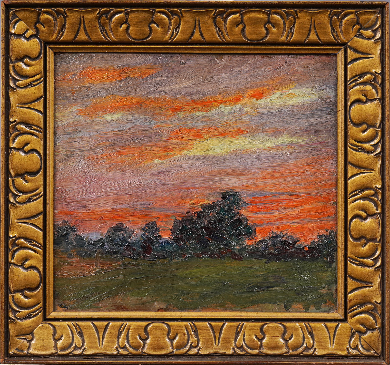 Antique American Impressionist Sunset Landscape Framed Original Oil Painting (1 of 4)