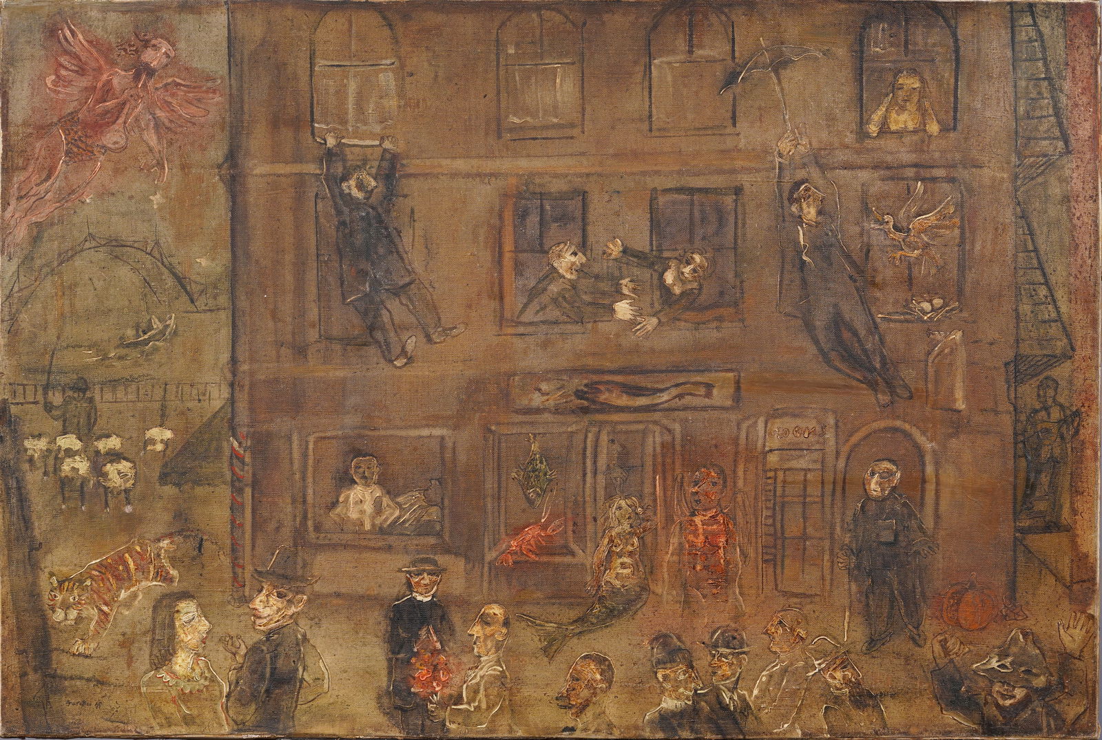 Wild Surreal Downtown New York City Surreal Signed Street Scene Antique American Oil Painting (1 of 8)