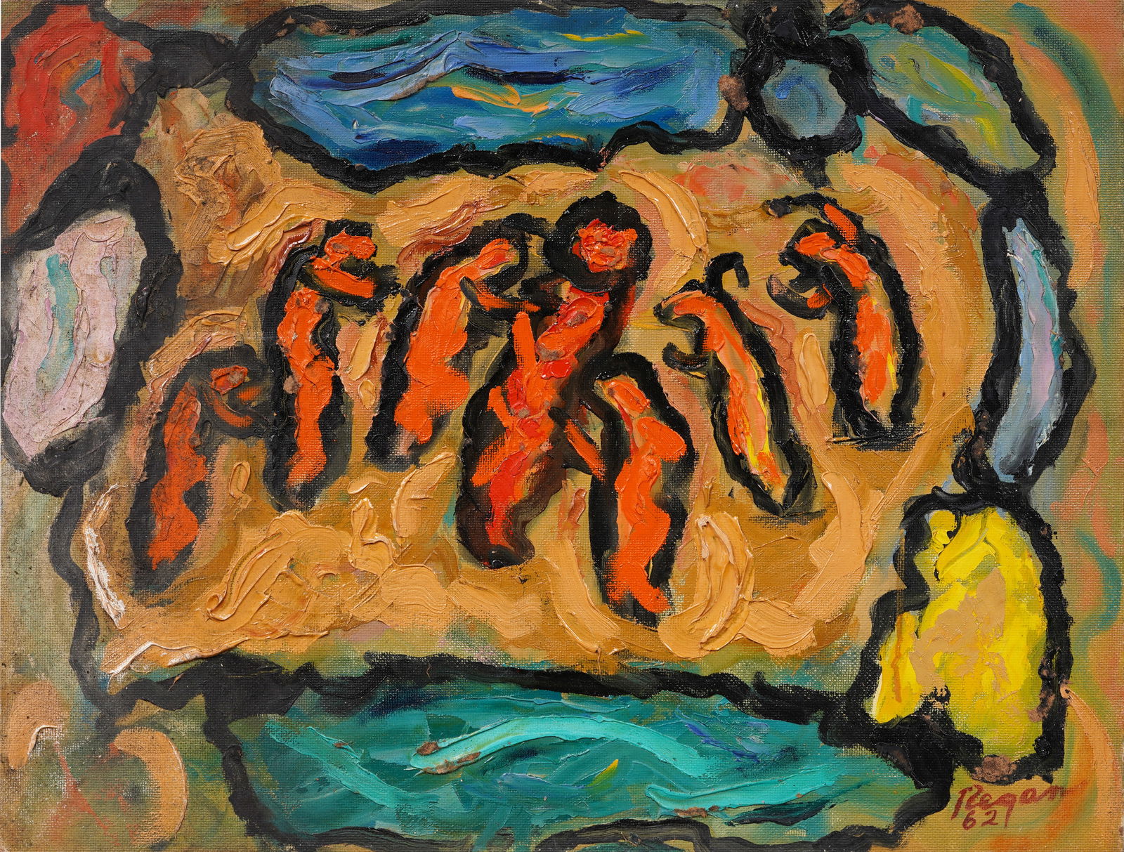 Mid Century Modern Vintage Signed Surreal Outsider Landscape Figurative Folk Art Oil Painting (1 of 4)