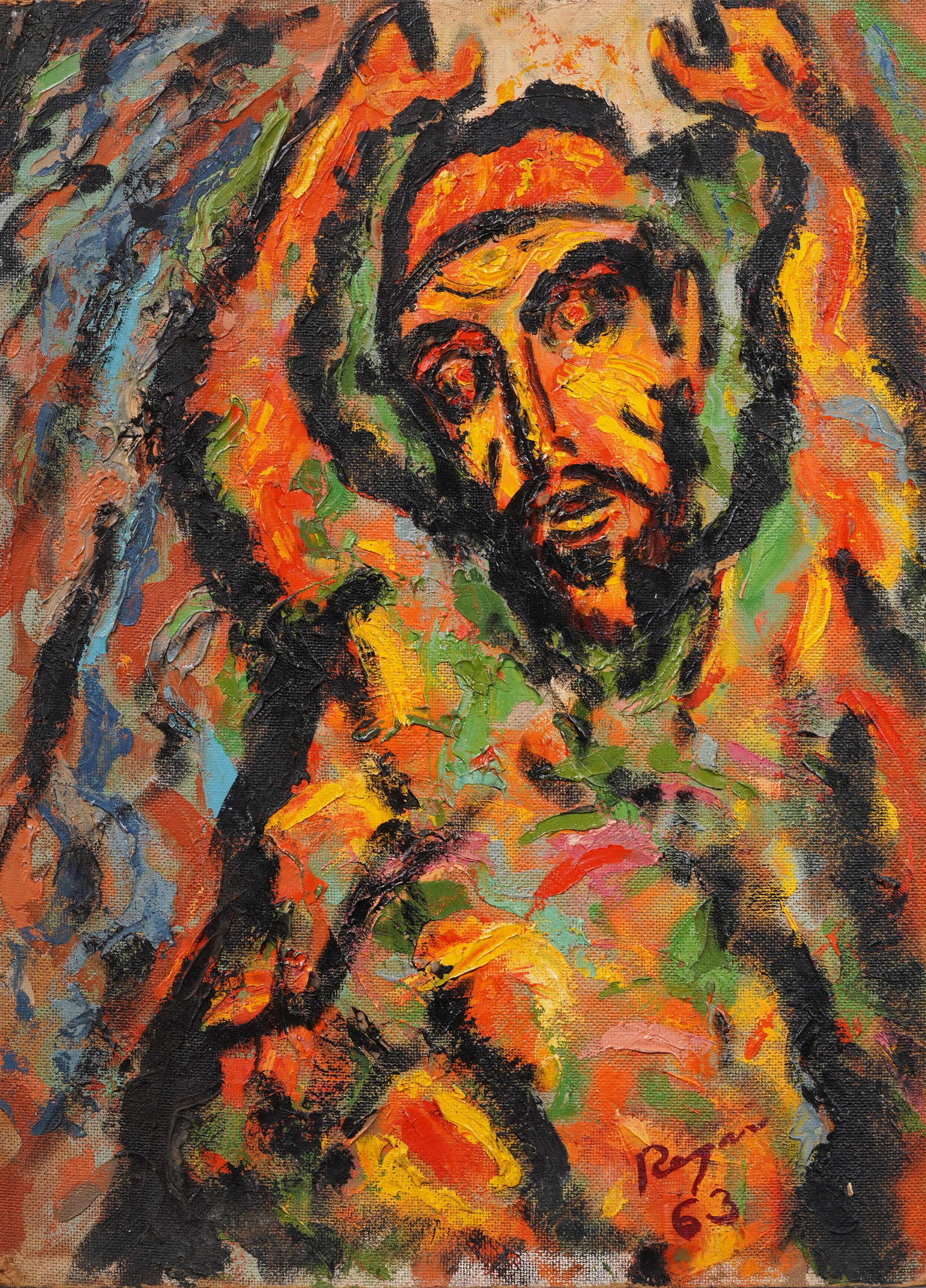 Mid Century Modern Vintage Signed Surreal Outsider Religious Portrait Folk Art Oil Painting (1 of 3)