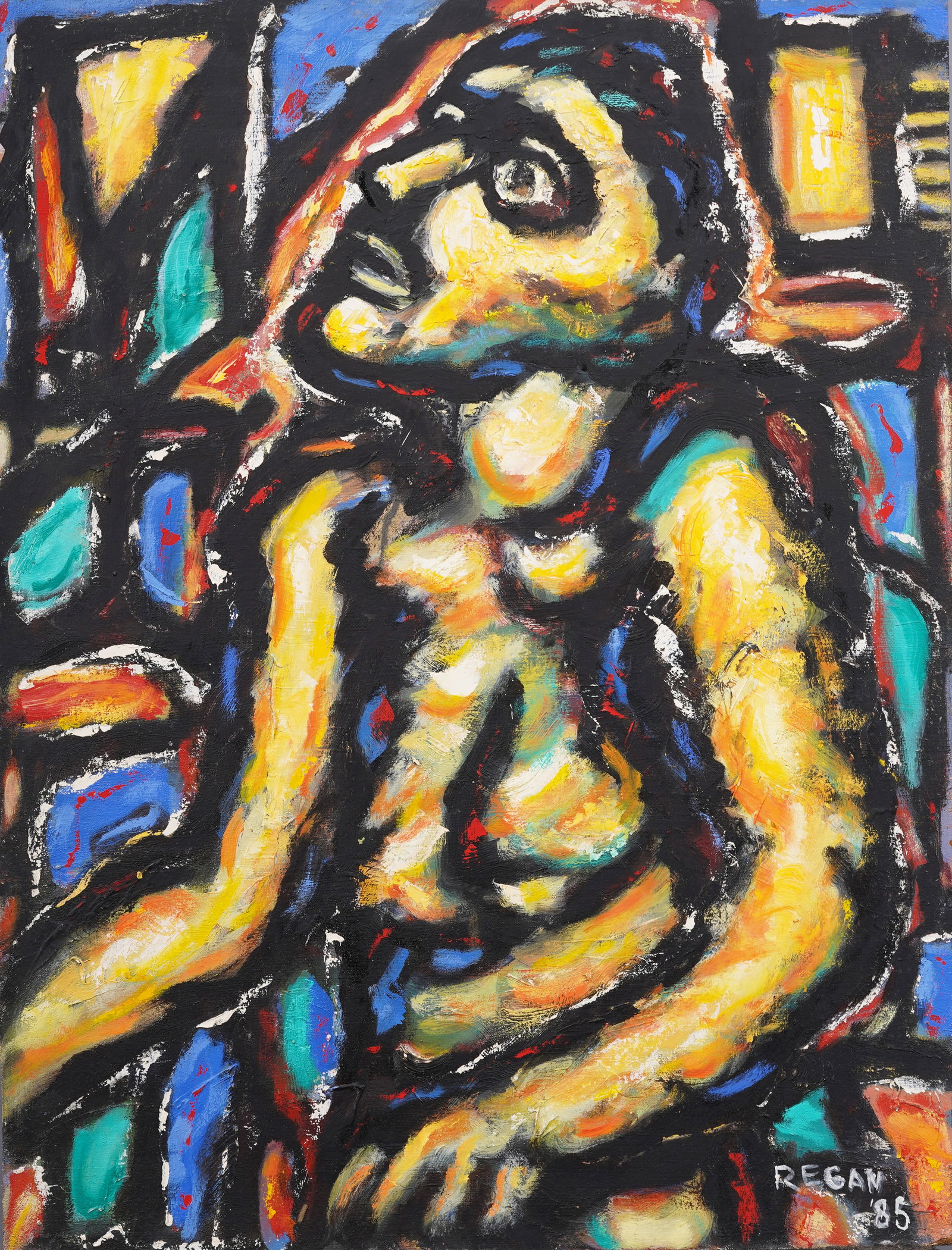 Mid Century Modern Vintage Signed Surreal Outsider Religious Portrait Folk Art Oil Painting (1 of 4)