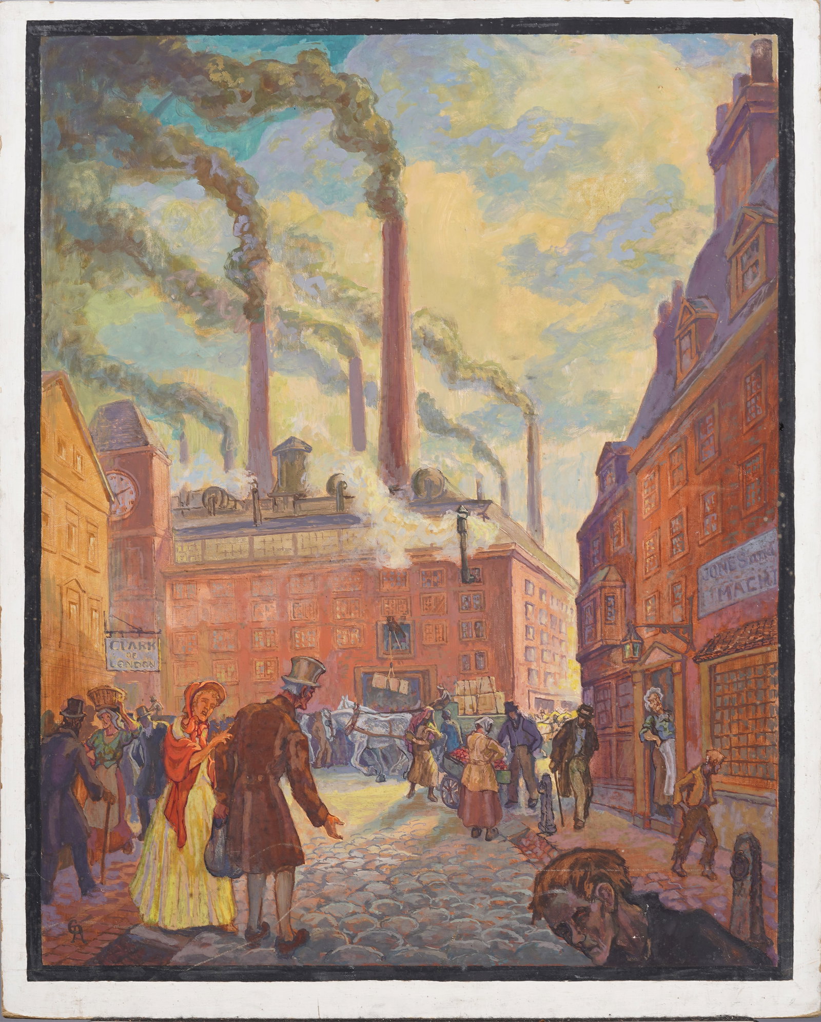 Antique English Cityscape London Street Scene Monogrammed Industrial Scene Original Oil Painting: Antique English street scene oil painting. Oil on board. Signed. Measuring 21.5 by 27 inches. Please see all images for condition. Size is measured and written on the back of the painting. The first s