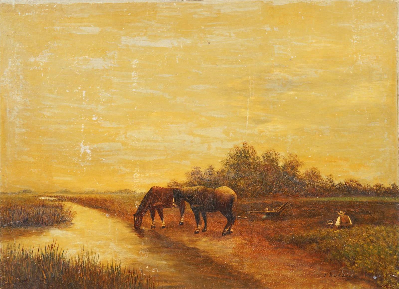 Antique American 19th Century Folk Art Wild Horse Grazing Signed Original Oil Painting (1 of 6)
