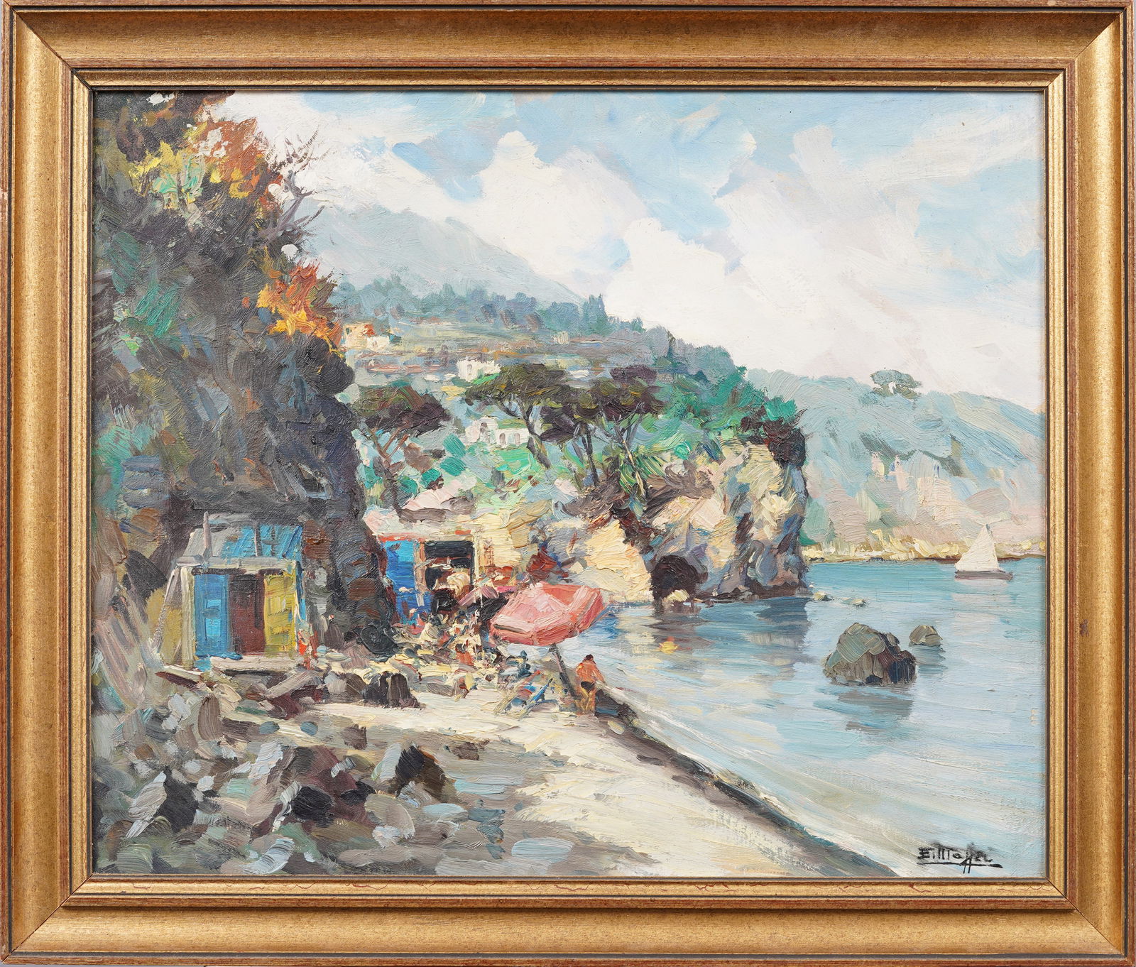 Antique Signed European Coastal Seascape Beach Scene Framed Original Oil Painting (1 of 6)