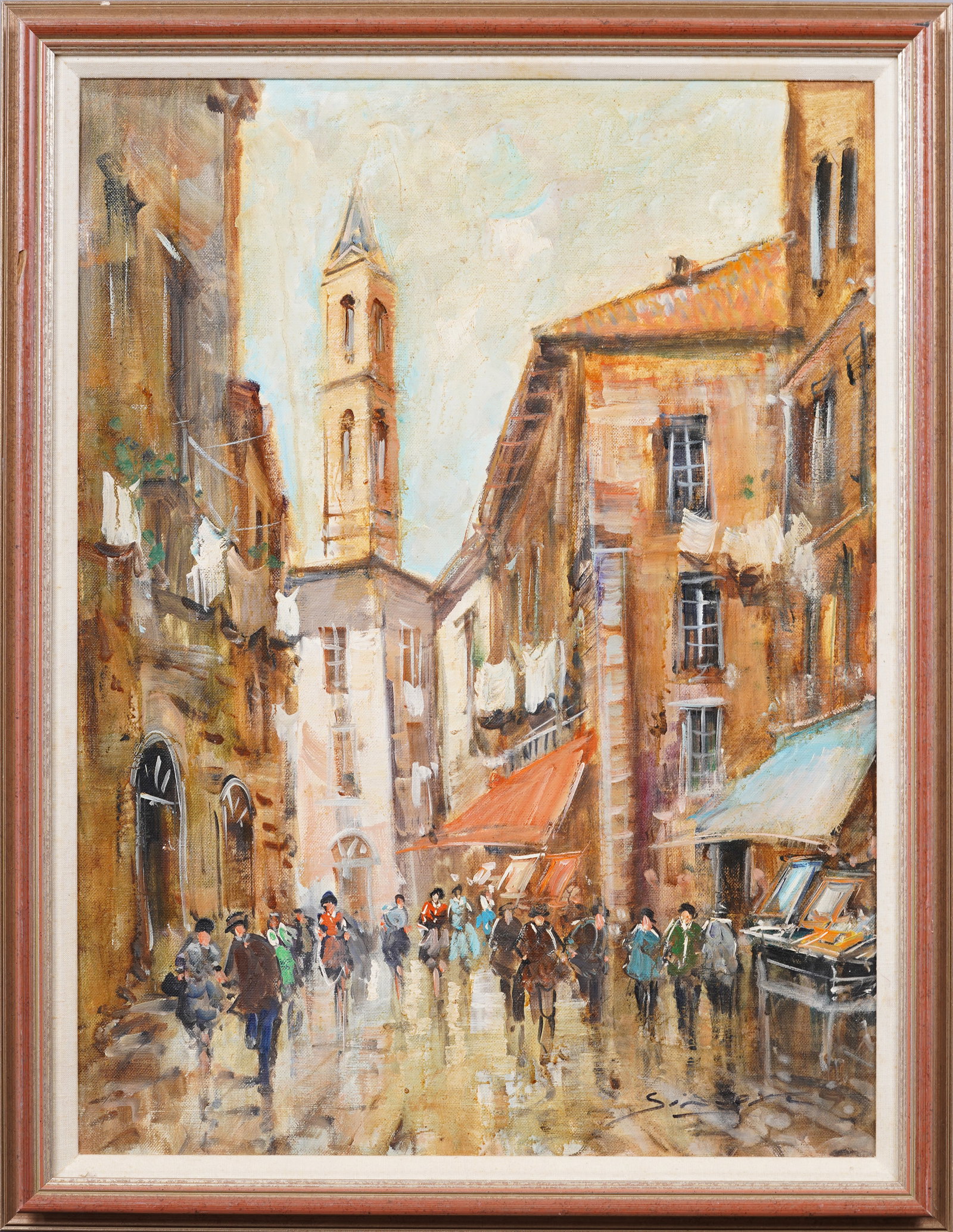 Antique Signed European Street Scene Framed Impressionist Oil Painting: Antique European street scene oil painting. Oil on canvas. Signed. Framed. Measuring 31 by 24 inches overall and 20 by 27 painting alone. Please see all images for condition. Size is measured and writ