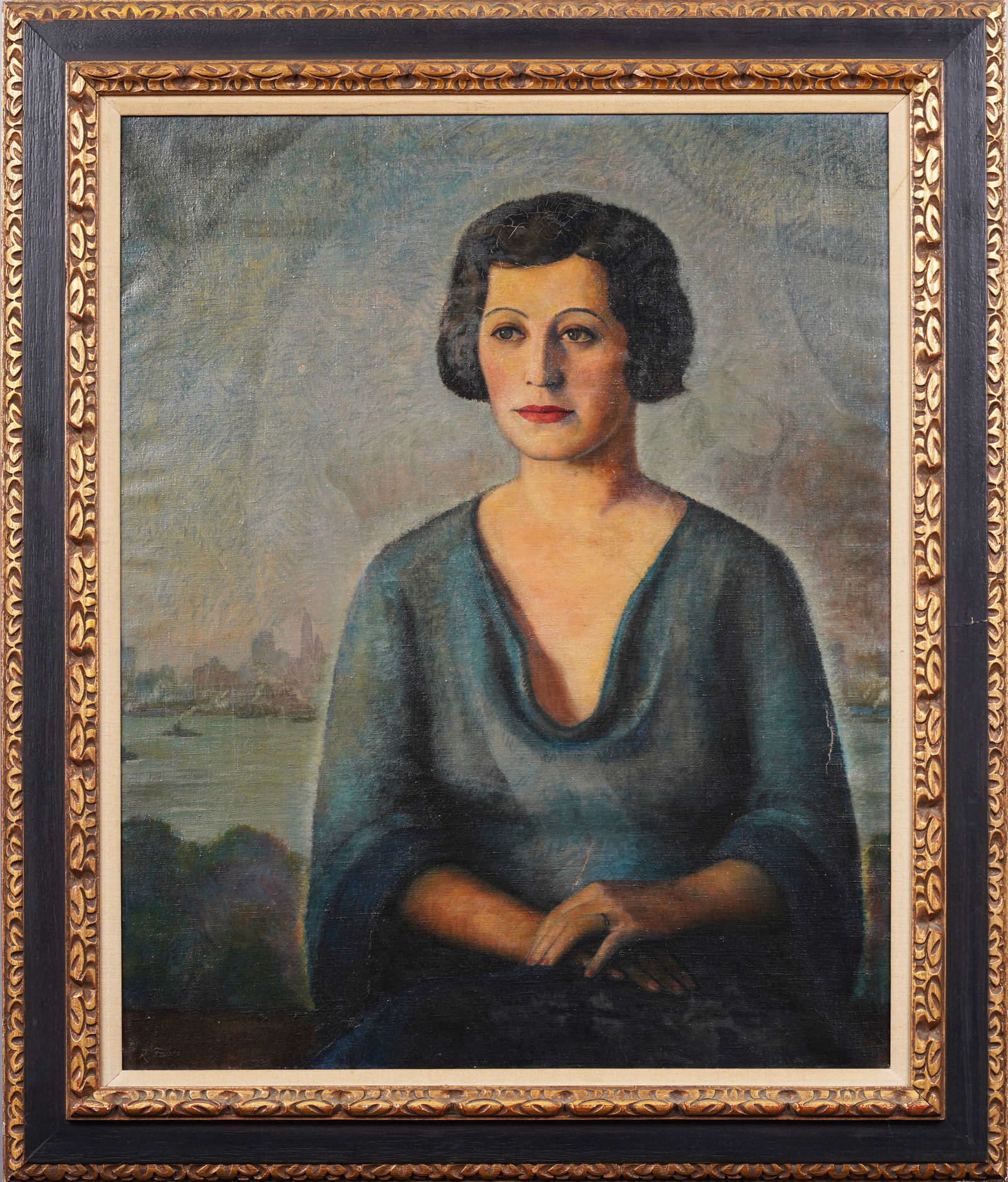 Ralph Fabri (1894-1975) SUPERB Antique American WPA Modernist Portrait Original Oil Painting: Antique American modernist portrait oil painting by Ralph Fabri (1894 - 1975). Oil on canvas. Signed. Framed. Measuring 32 by 38 inches overall and 25 by 31 painting alone. Please see all images for c