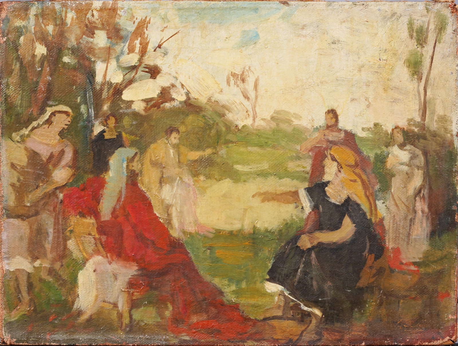 19th Century European Impressionist Figural Landsape Oil Painting: Antique European figurative oil painting. Oil on canvas. Measuring 12 by 16 inches. Please see all images for condition. Size is measured and written on the back of the painting. The first size is the