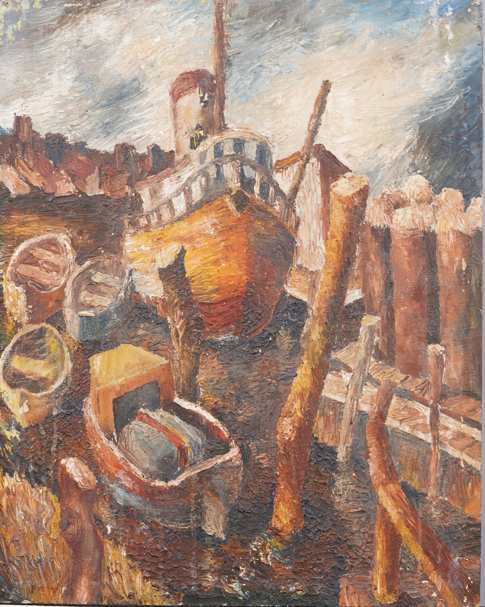 Antique American Impressionist Coastal Boat Yard Original Oil Painting: Antique American impressionist oil painting. Oil on canvasboard. Measuring 16 by 20 inches. Please see all images for condition. Size is measured and written on the back of the painting. The first siz