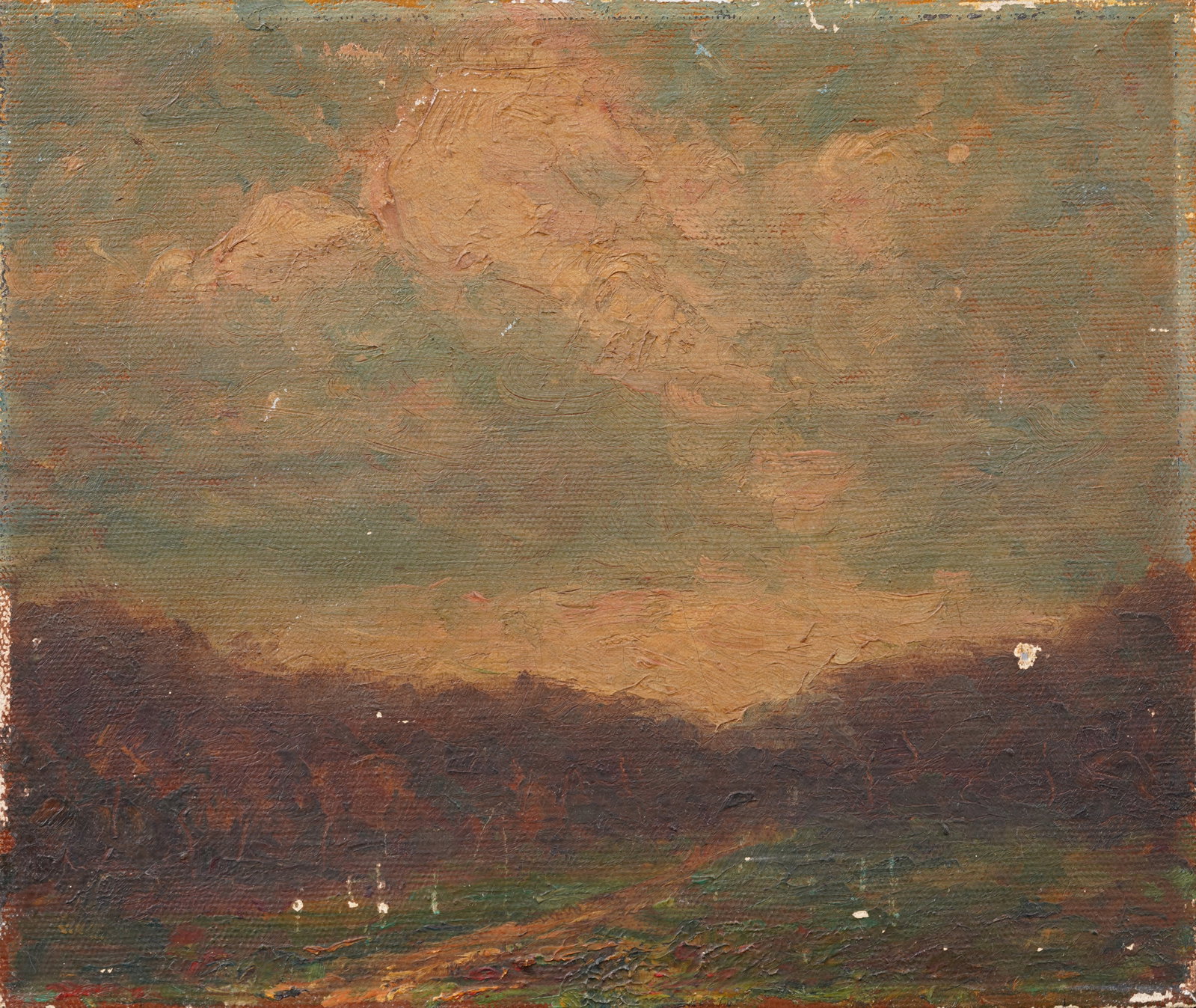 Antique American Impressionist Sunset Landscape Original Oil Painting: Antique American impressionist oil painting. Oil on canvas. Measuring 10.25 by 12 inches. Please see all images for condition. Size is measured and written on the back of the painting. The first size 