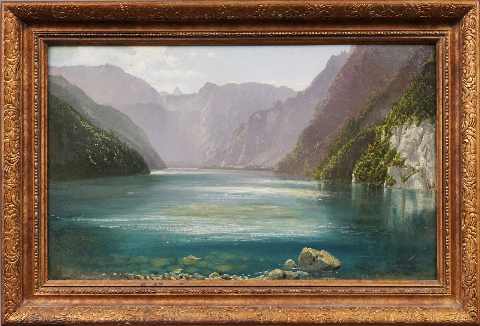Antique European Impressionist Mountain Lake Italian Framed Landscape Oil Painting (1 of 5)